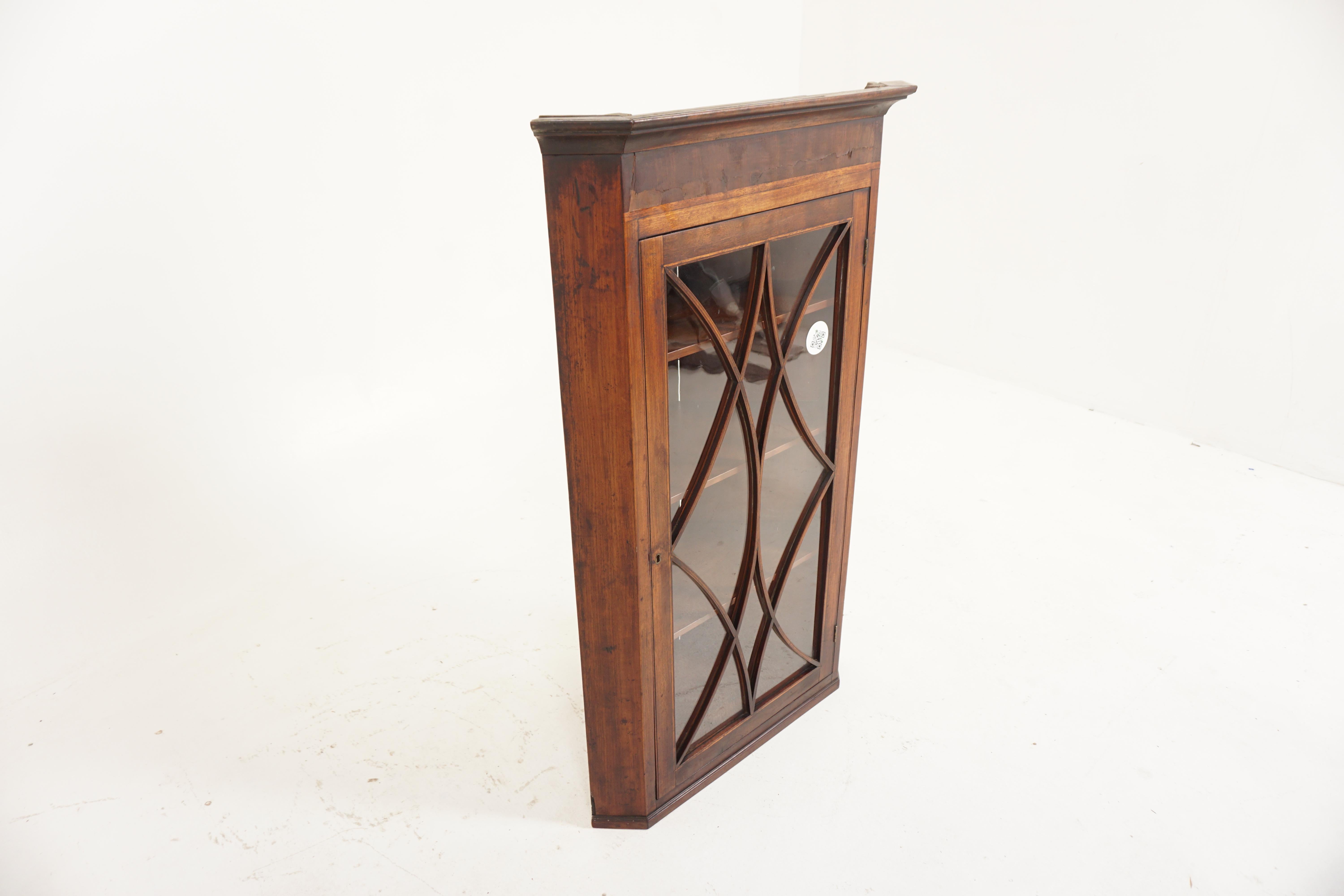 Ant. Victorian Walnut Inlaid Wall Hanging Corner Cabinet, Scotland 1820, H808 In Good Condition In Vancouver, BC