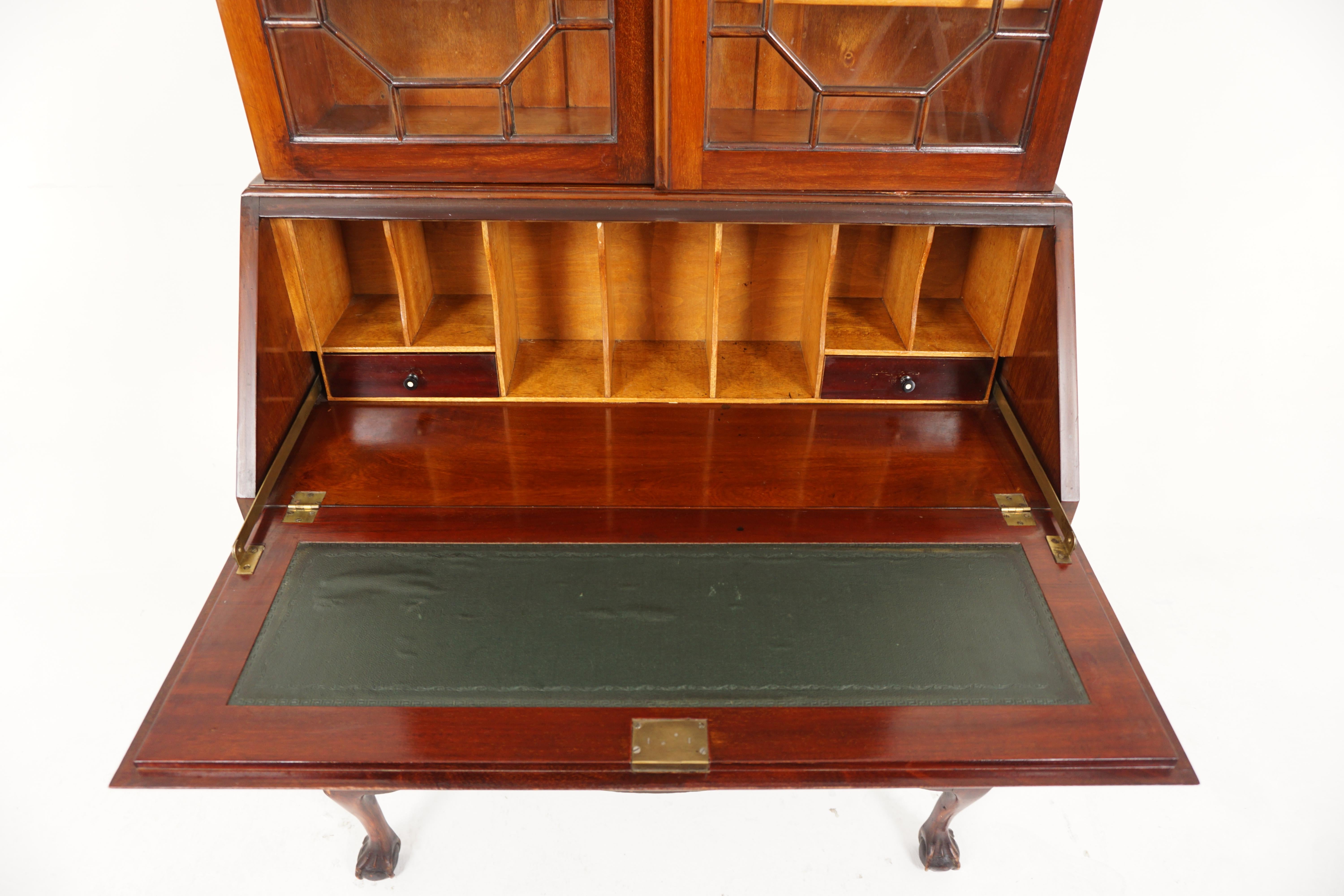 Scottish Ant. Walnut Bureau Drop Front Desk with Bookcase Top, Scotland 1920, H747