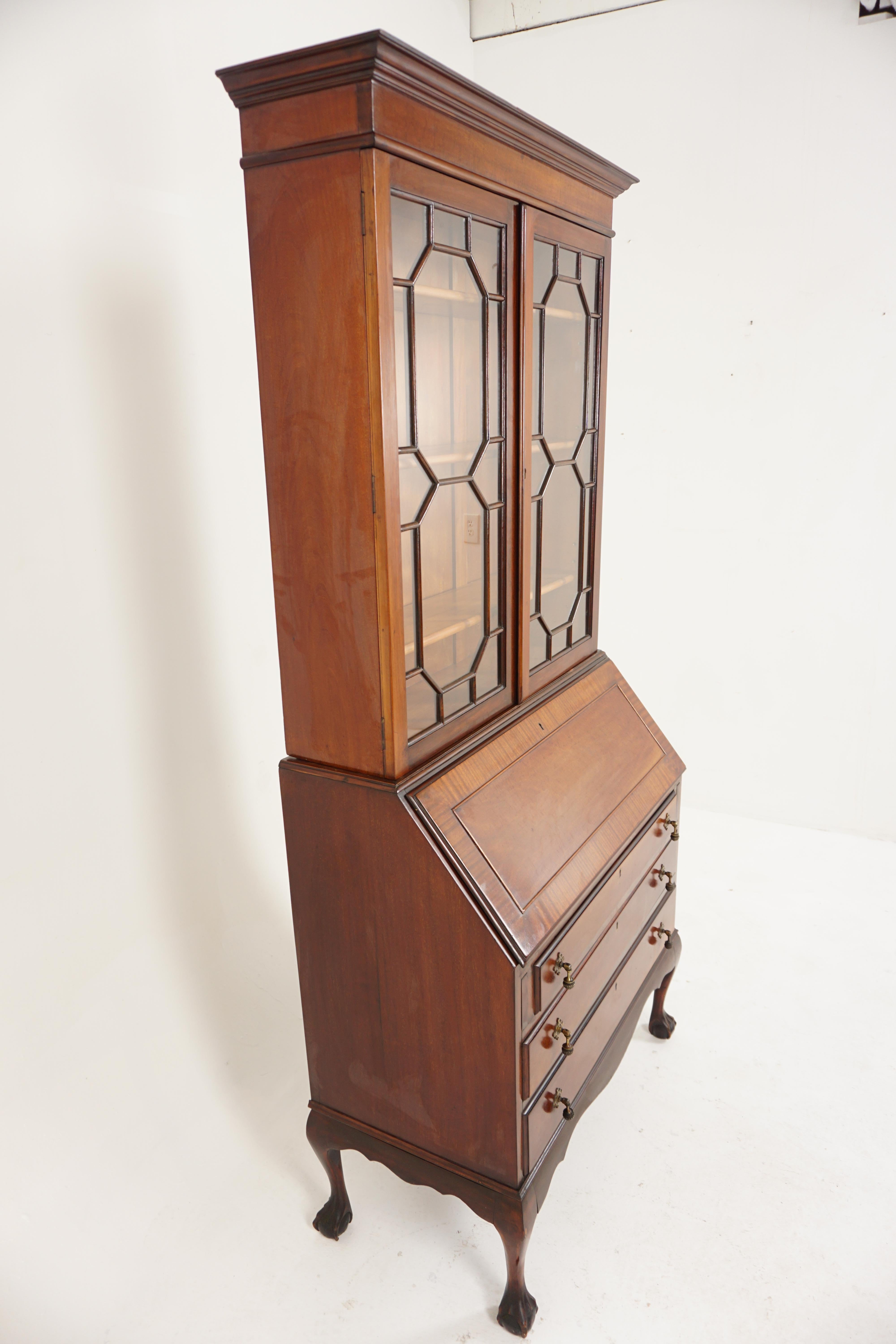 Ant. Walnut Bureau Drop Front Desk with Bookcase Top, Scotland 1920, H747 1