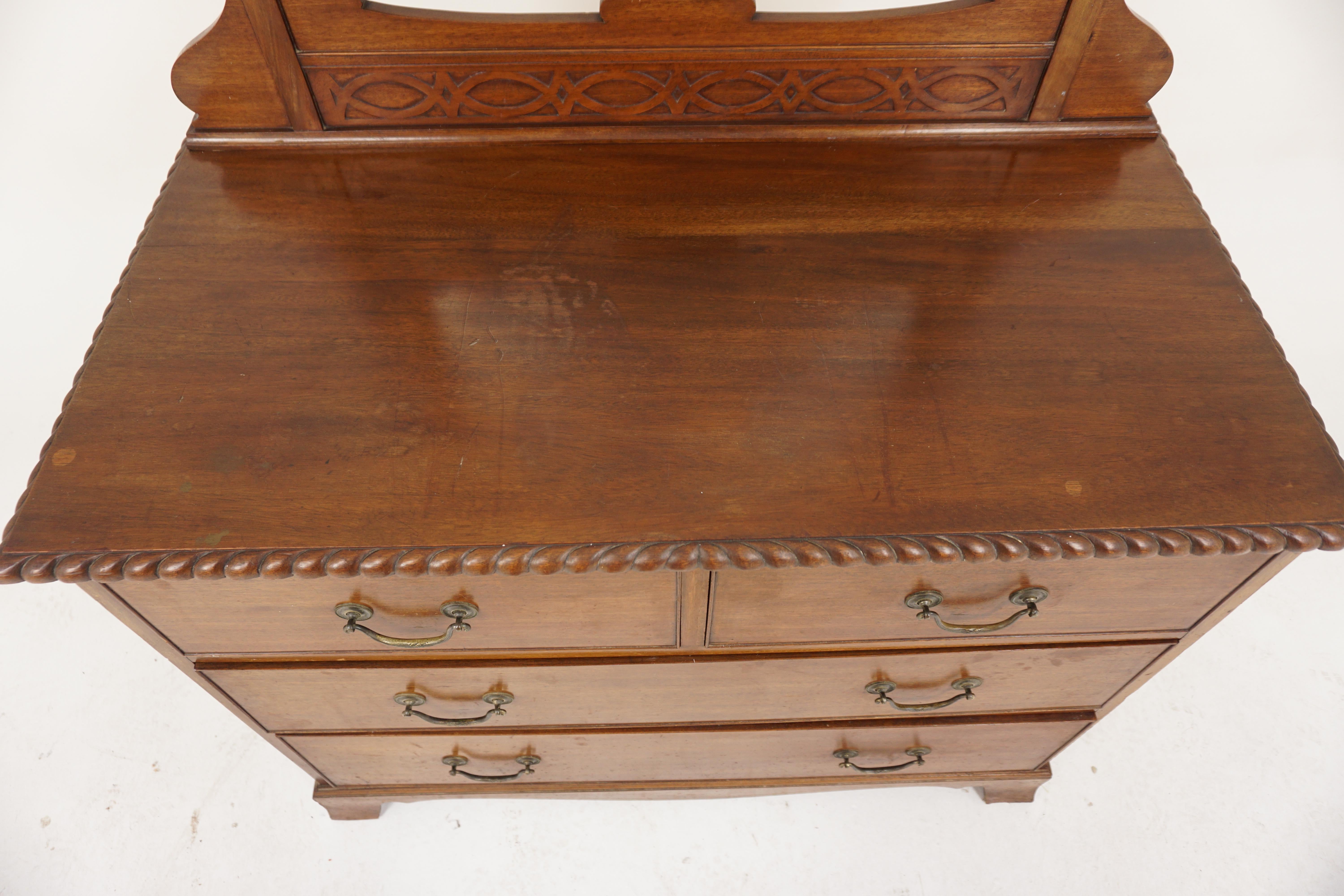 Ant. Walnut Carved Vanity, Bevelled Mirror, Scotland 1910, H894 In Good Condition For Sale In Vancouver, BC