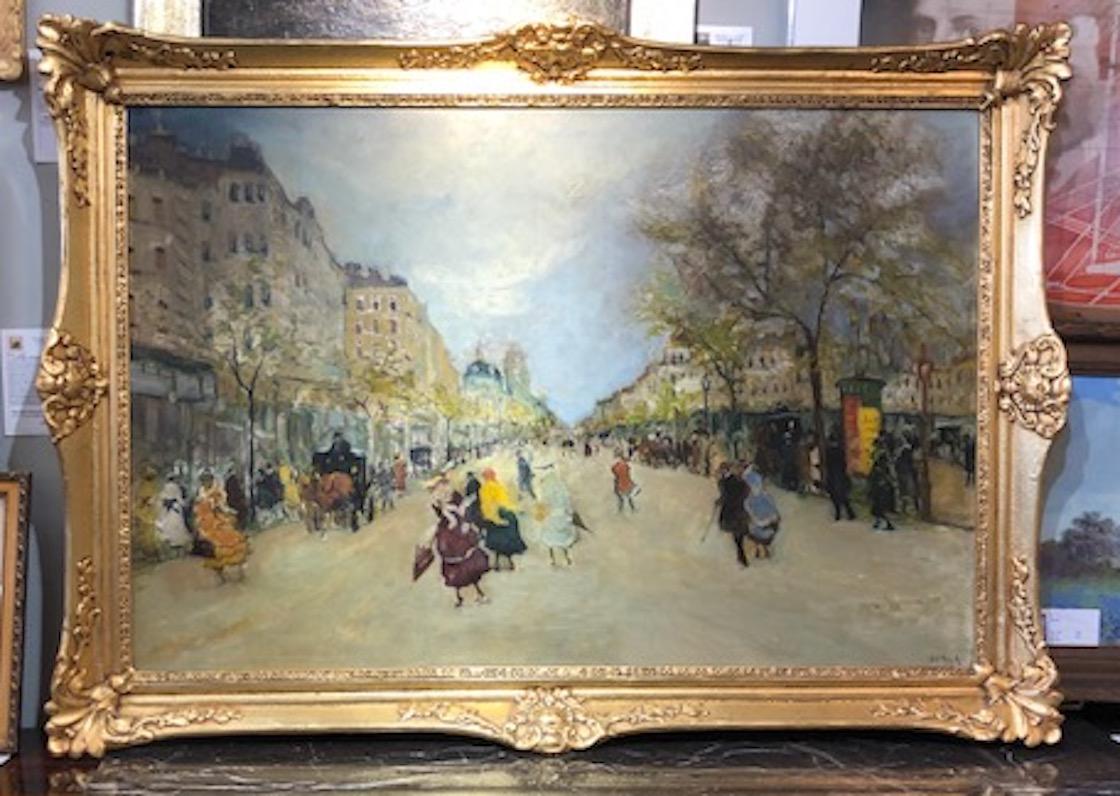 Antal Berkes (1874–1938) 

He was a Hungarian painter, born in Budapest, Hungary. He lived in Paris for some time and produced cityscapes there as well as similar street scenes of Budapest and Vienna.

“Paris Street Scene”
circa 1910s

Oil on