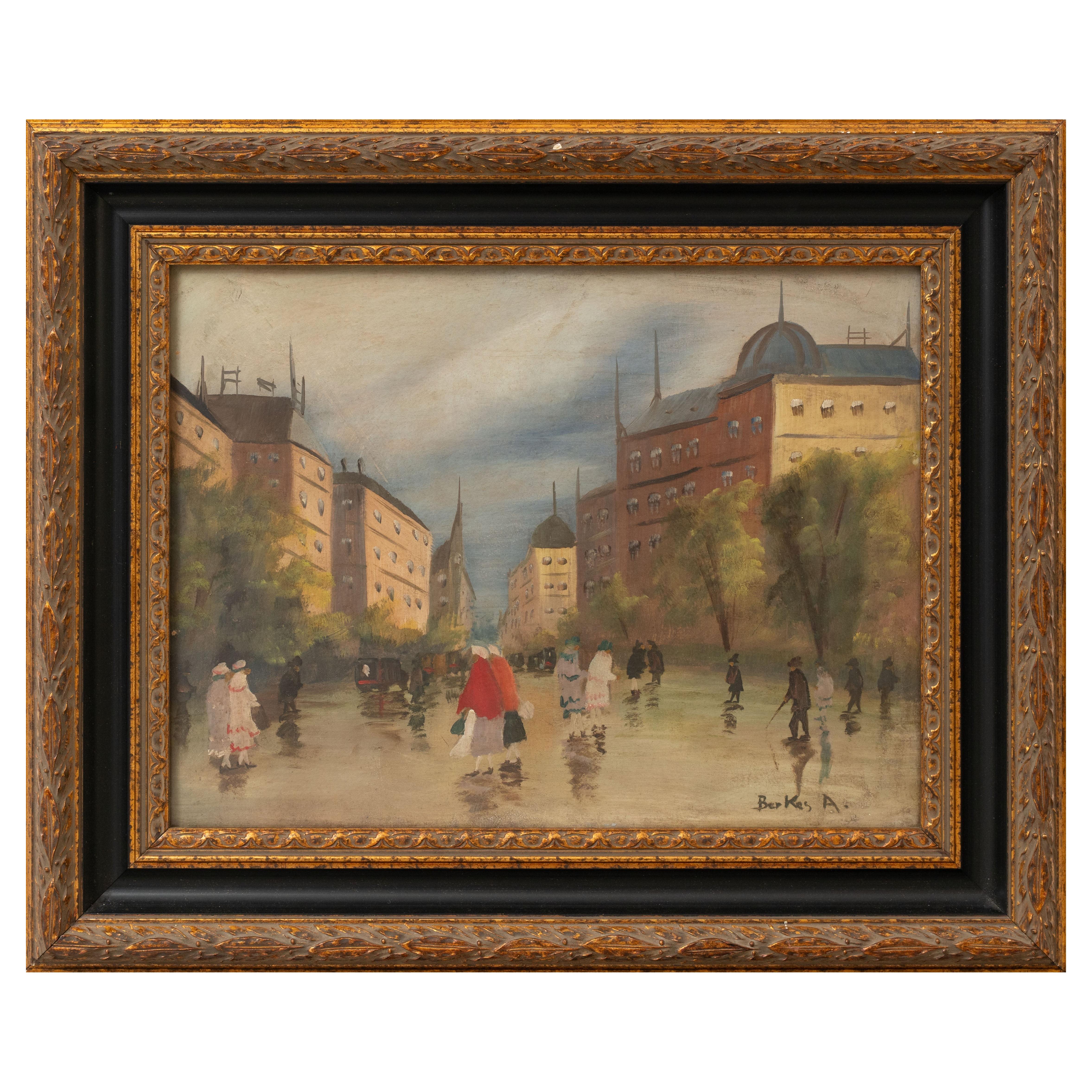 Antal Berkes (1874-1938) : Scène de rue des années 1900 en vente