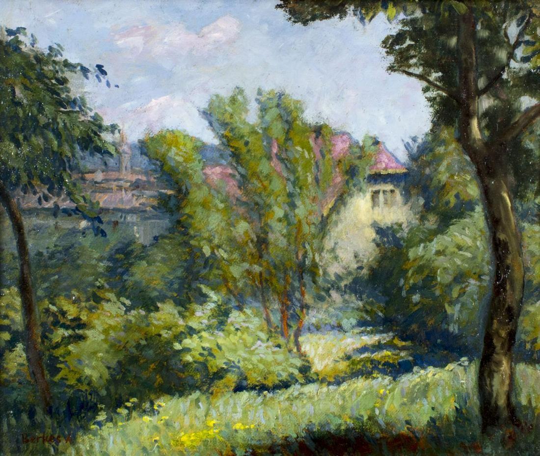Casa in campagna (dipinto a olio impressionista su pannello, 1910 circa) - Painting di Antal Berkes