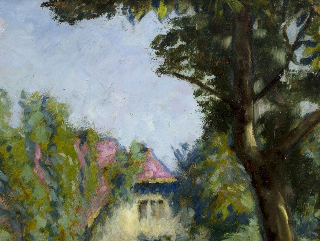 Un raffinato dipinto impressionista su tavola dell'artista ungherese Antal Berkes del 19°/20° secolo. An He era noto per i dipinti di paesaggi e dipingeva scene di città oltre a quelle rurali come questa. I suoi dipinti sono stati esposti al Museo