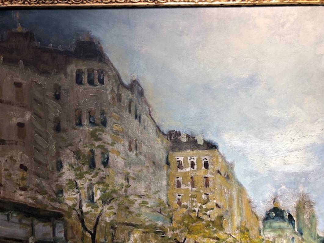 Antal Berkes (1874–1938) 

He was a Hungarian painter, born in Budapest, Hungary. He lived in Paris for some time and produced cityscapes there as well as similar street scenes of Budapest and Vienna.

“Paris Street Scene”
c. 1910s

Oil on canvas,