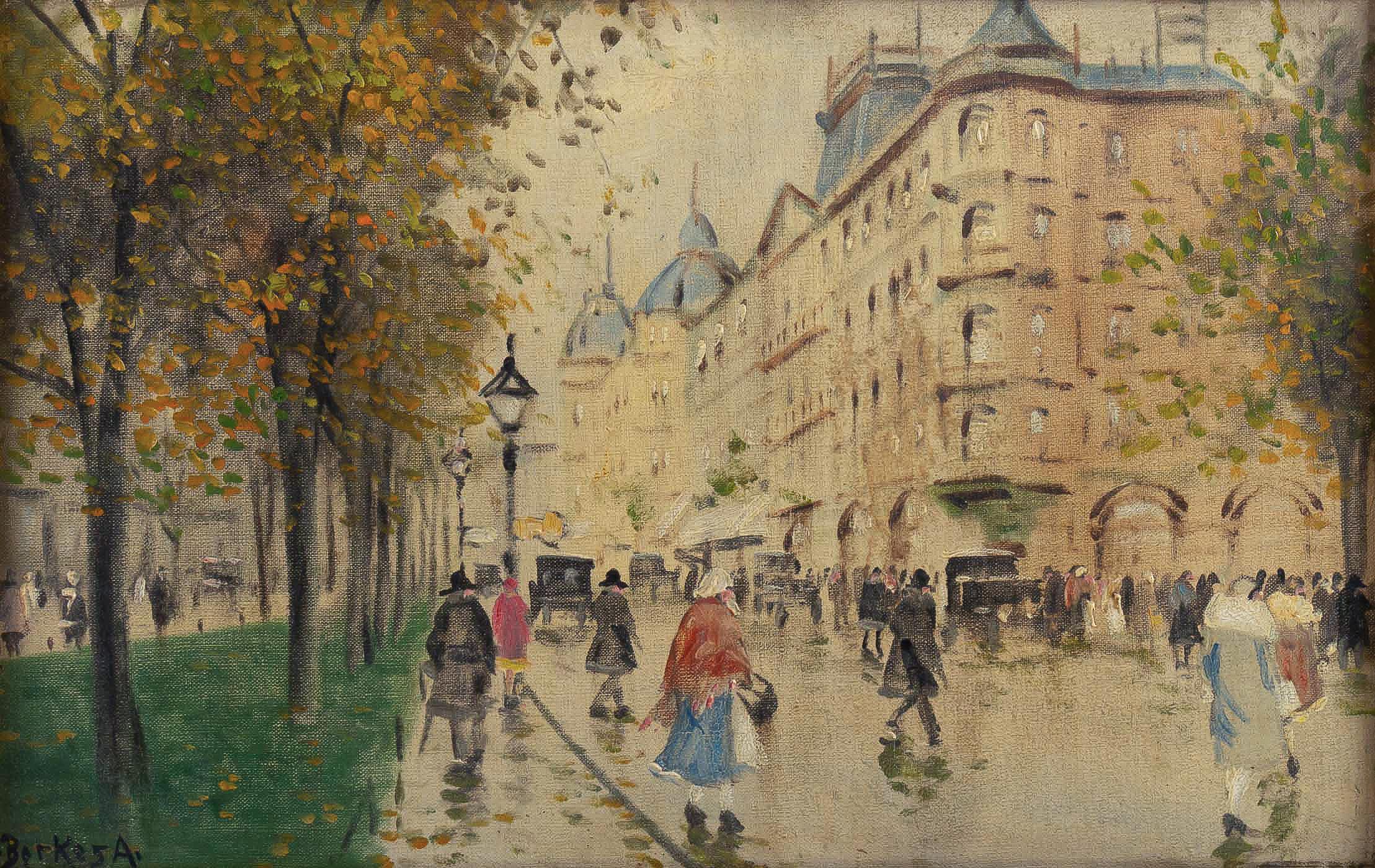 French Antal Berkes Pair of Oil on Canvas Views of Paris, circa 1920 For Sale