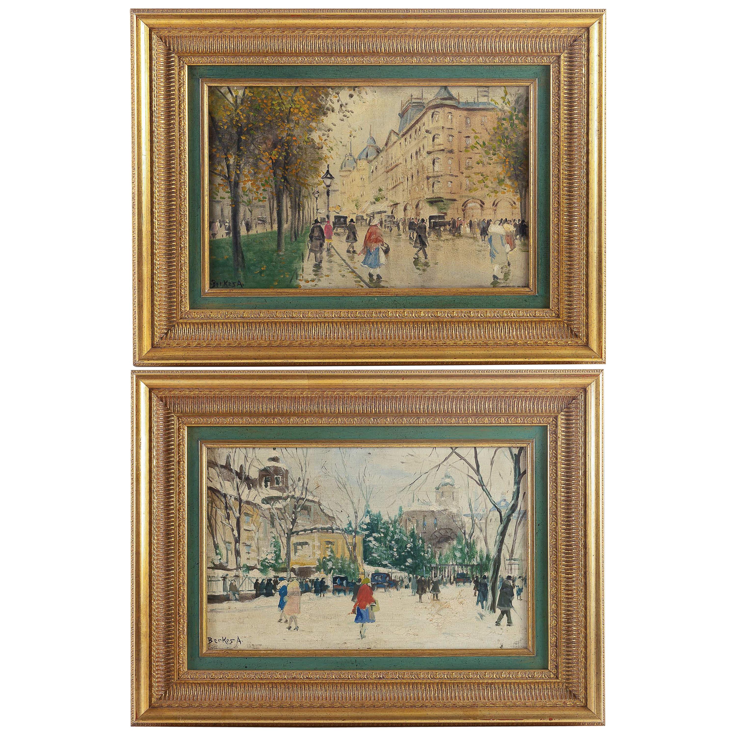 Antal Berkes Pair of Oil on Canvas Views of Paris, circa 1920 For Sale