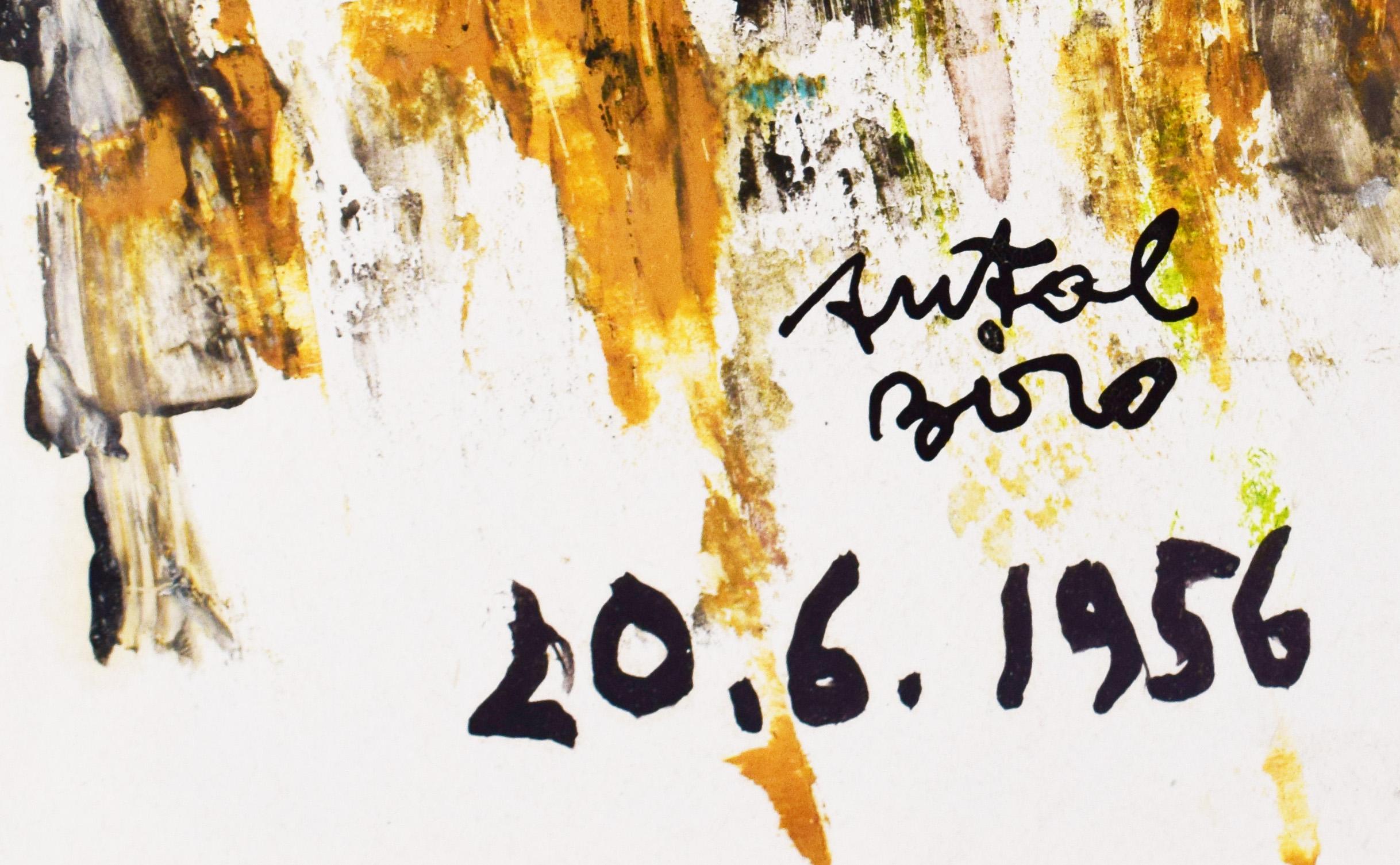 Abstraction 20.6.1956 - Abstract French Hungarian - Beige Abstract Painting by Antal Biro