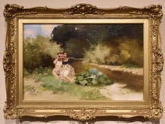 Pittura ad olio di Antal Nedgrady "Lungo la riva del fiume