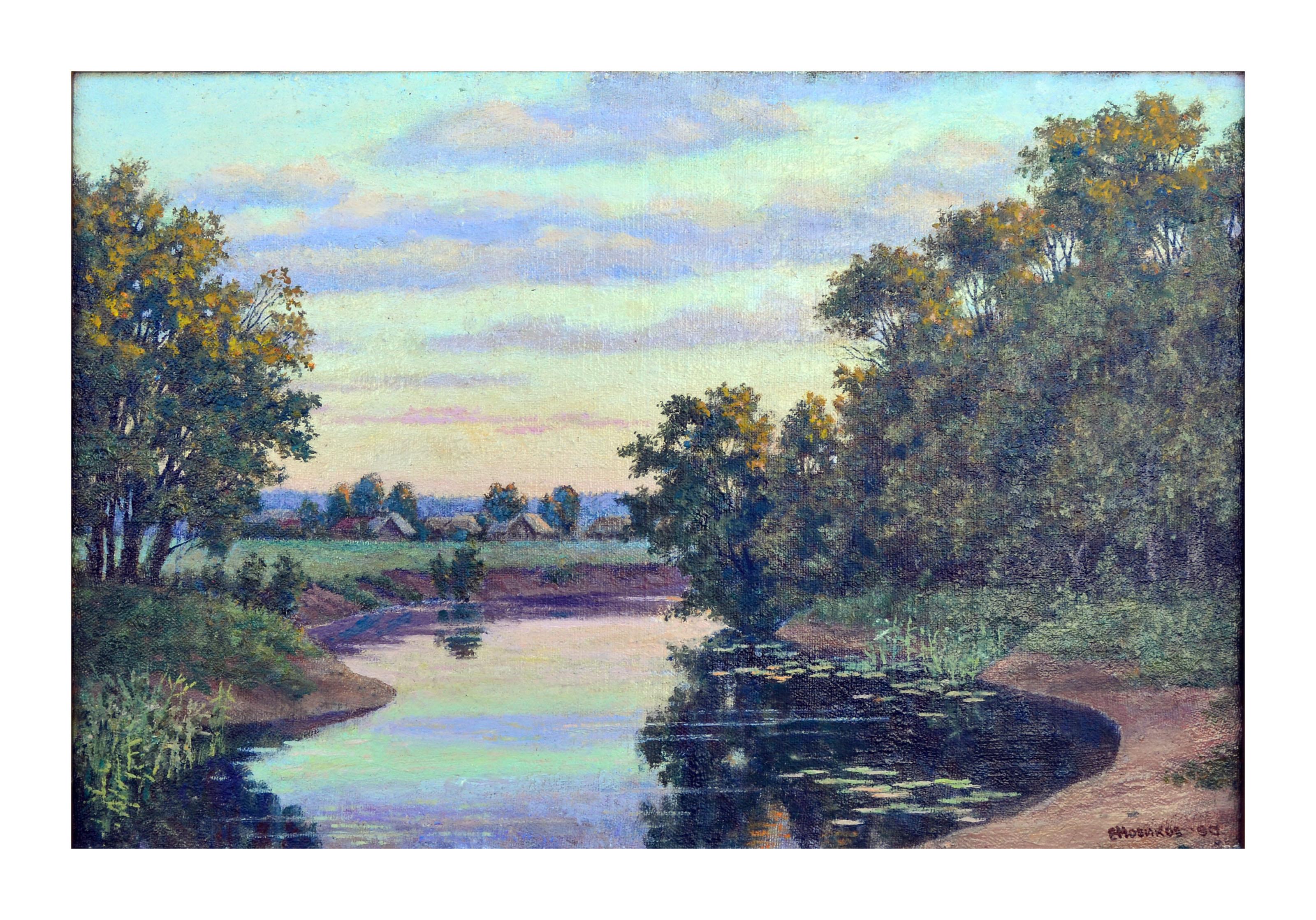 Un paysage tranquille d'après Antanas Žmuidzinavičius - Painting de  Antanas Zemaitis