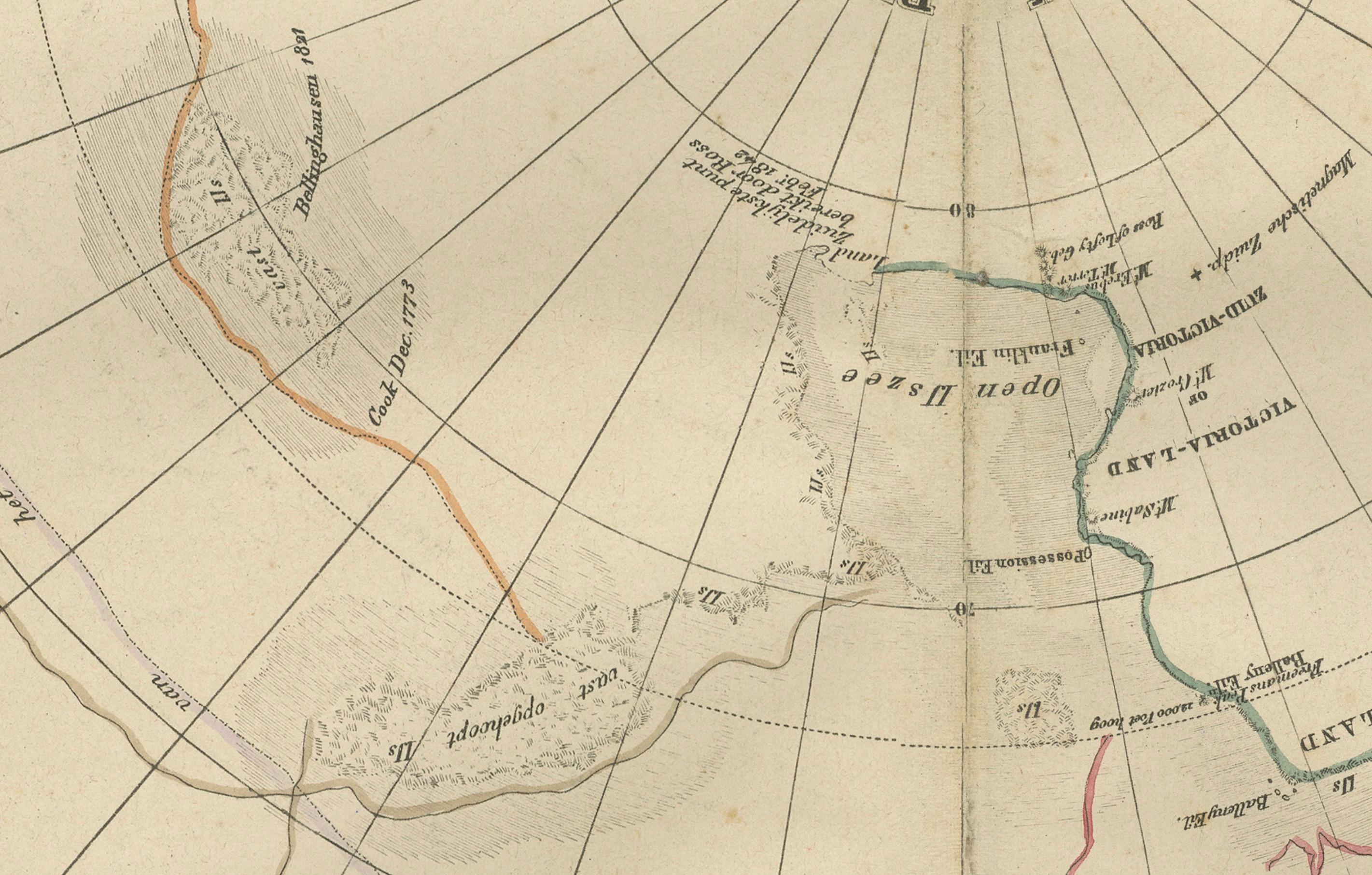 Carte d'exploration de l'Antarctique par Noothoven van Goor avec les premières découvertes, c.1876

Cette impressionnante carte circulaire de la région antarctique, datant du XIXe siècle, a été publiée à Leyde par D. Noothoven van Goor pour le