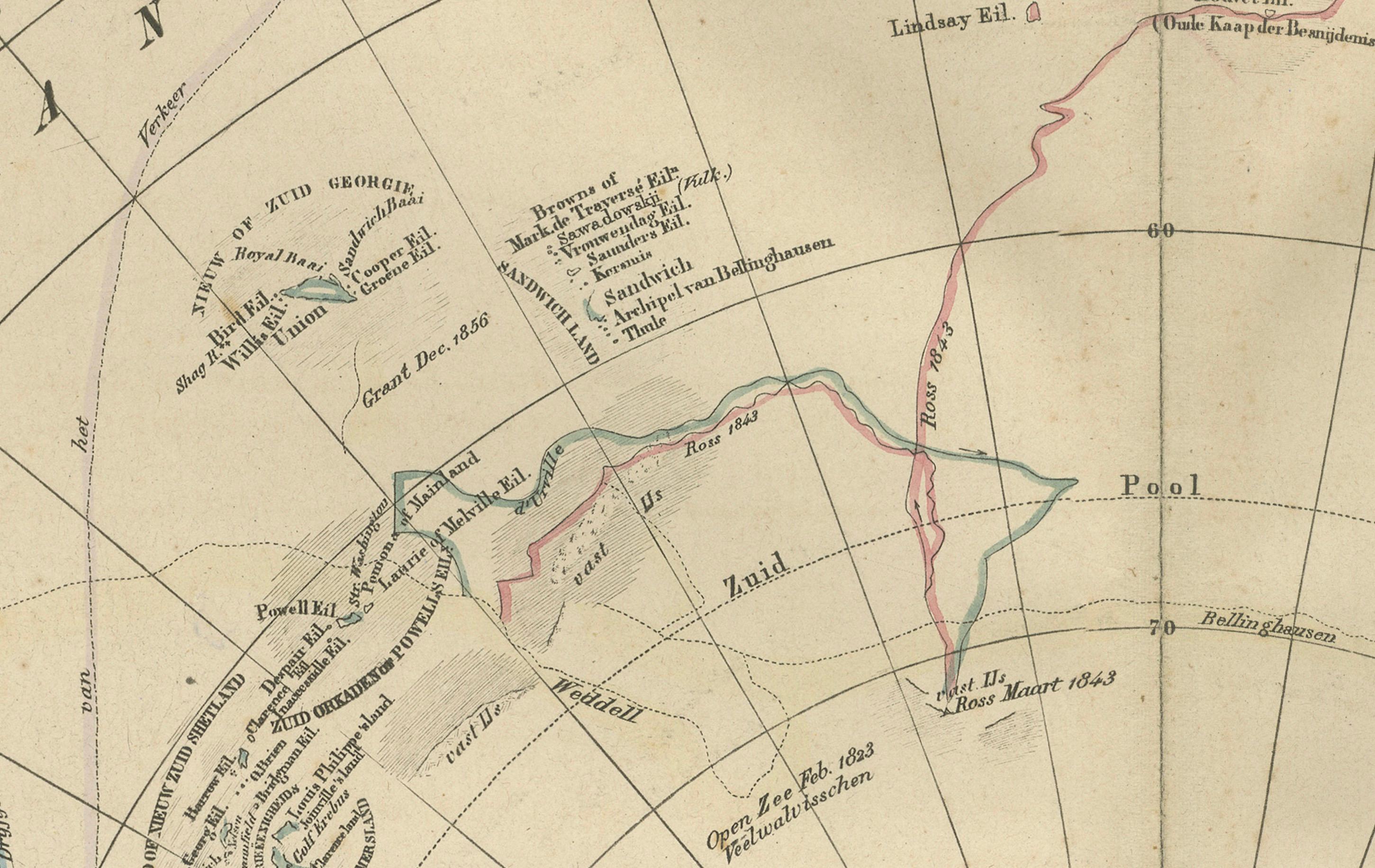 Papier Carte d'exploration de l'Antarctique par Noothoven van Goor avec les premières découvertes, c.1876 en vente