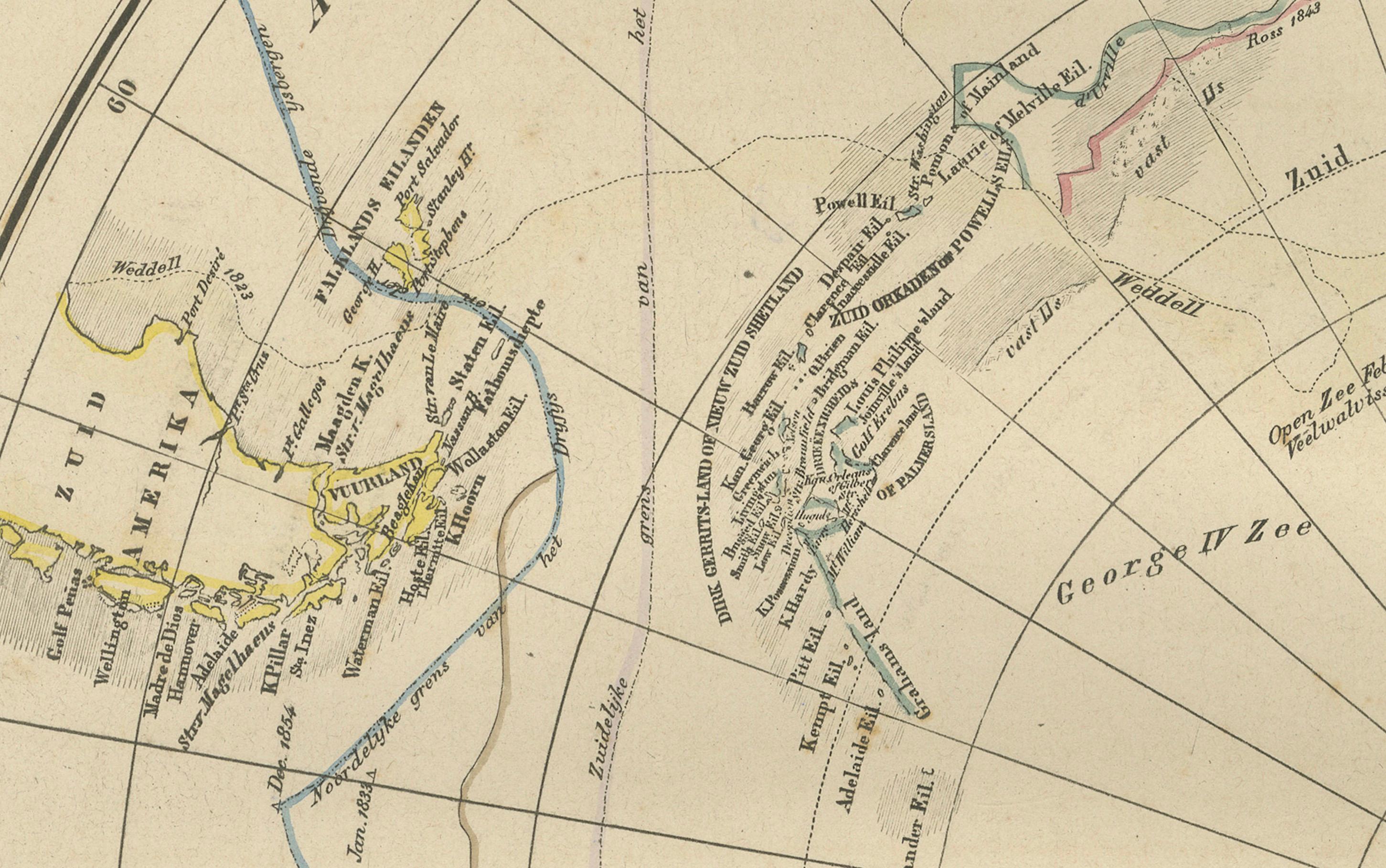 Carte d'exploration de l'Antarctique par Noothoven van Goor avec les premières découvertes, c.1876 en vente 1
