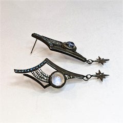 Antares Oxidized Silver, Blue Sheen Moonstone and Diamond Earrings