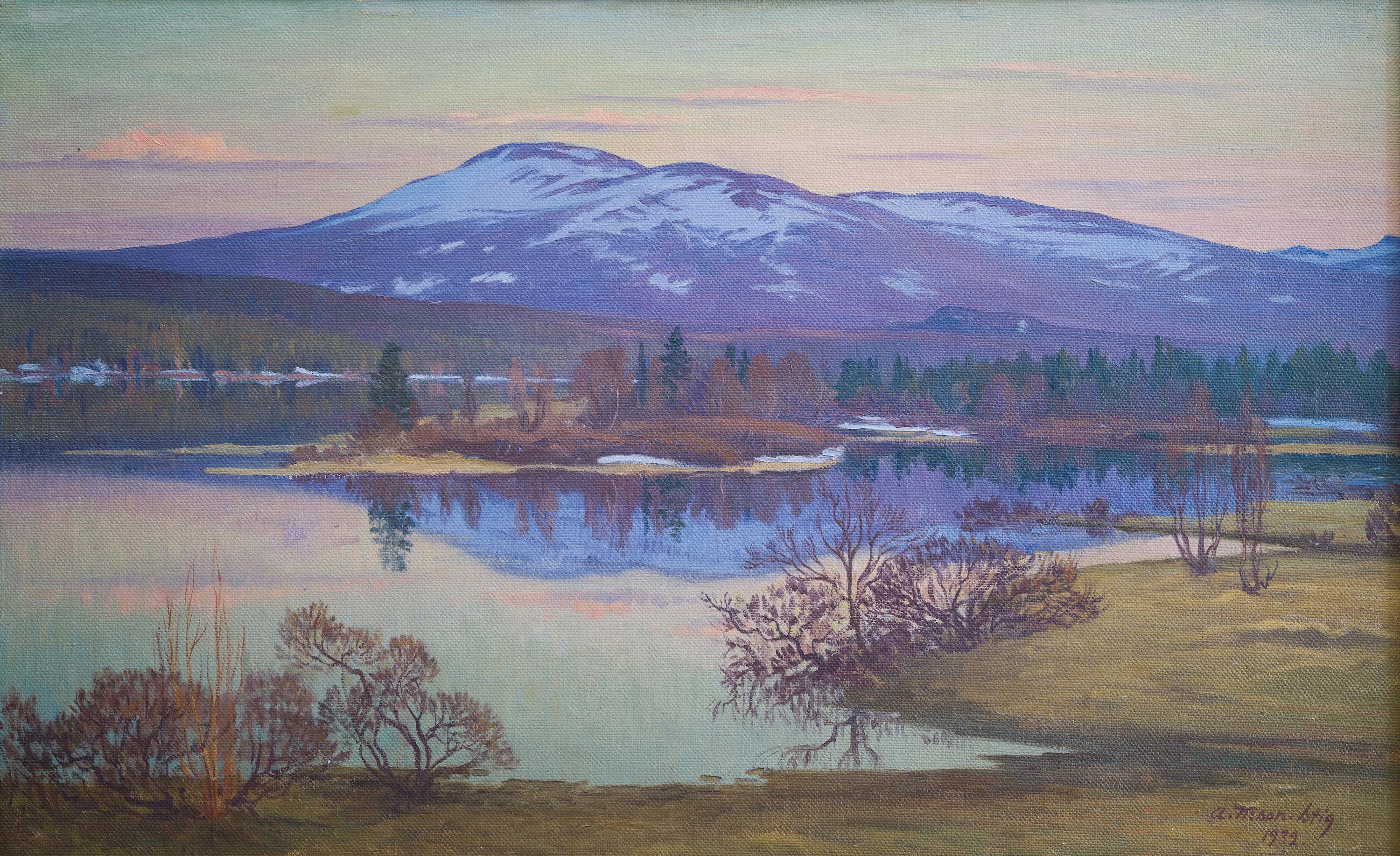 The painting we are selling is a breathtaking mountain view from Hålland in Jämtland, Sweden, created by Ante Karlsson-Stig in 1932. Ante Karlsson-Stig (1885-1967) was a Swedish painter who studied under Henri Matisse in Paris. He was known for his