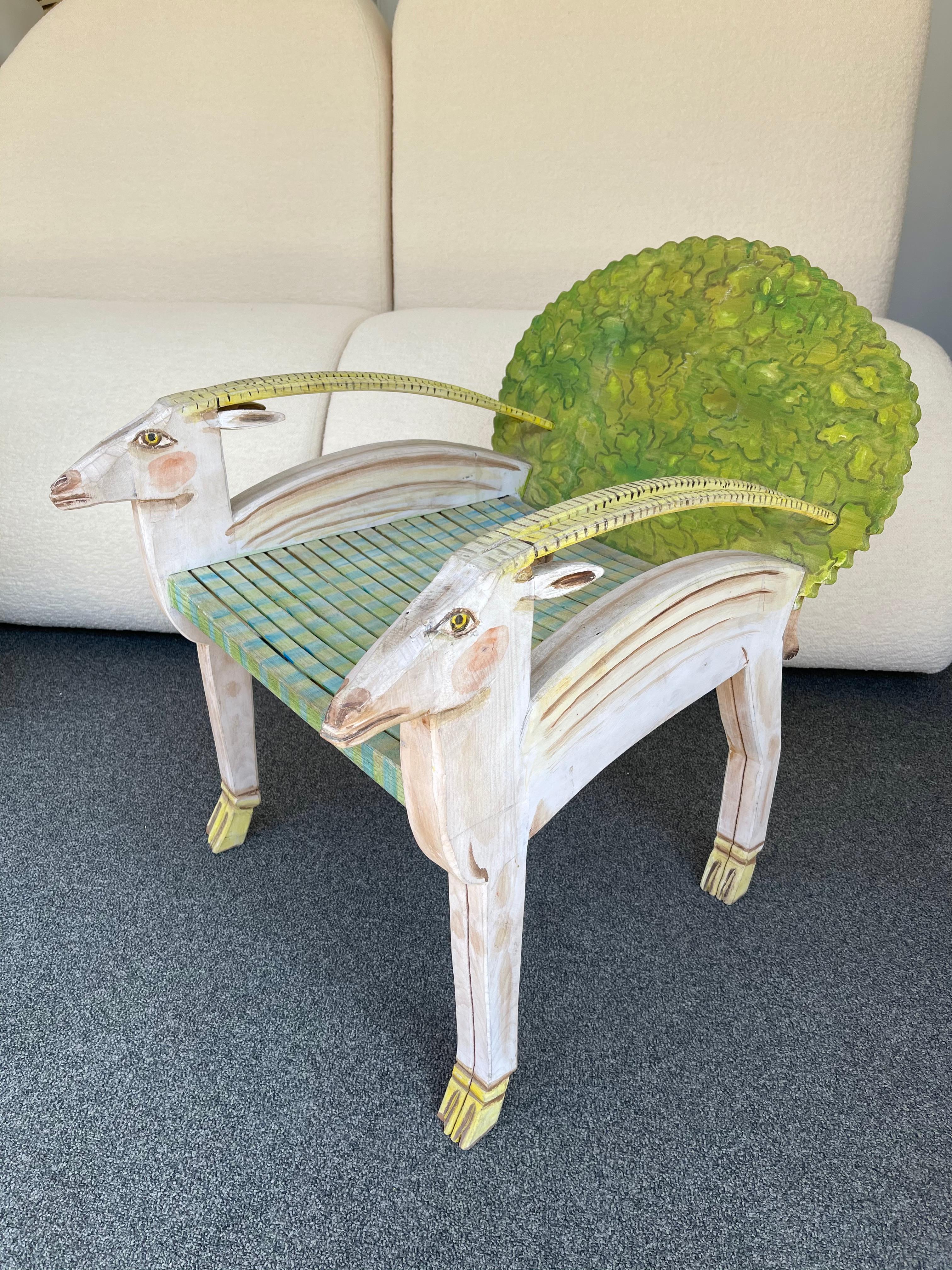 French Antelope Armchair Painted Wood by Gérard Rigot. France, 1980s