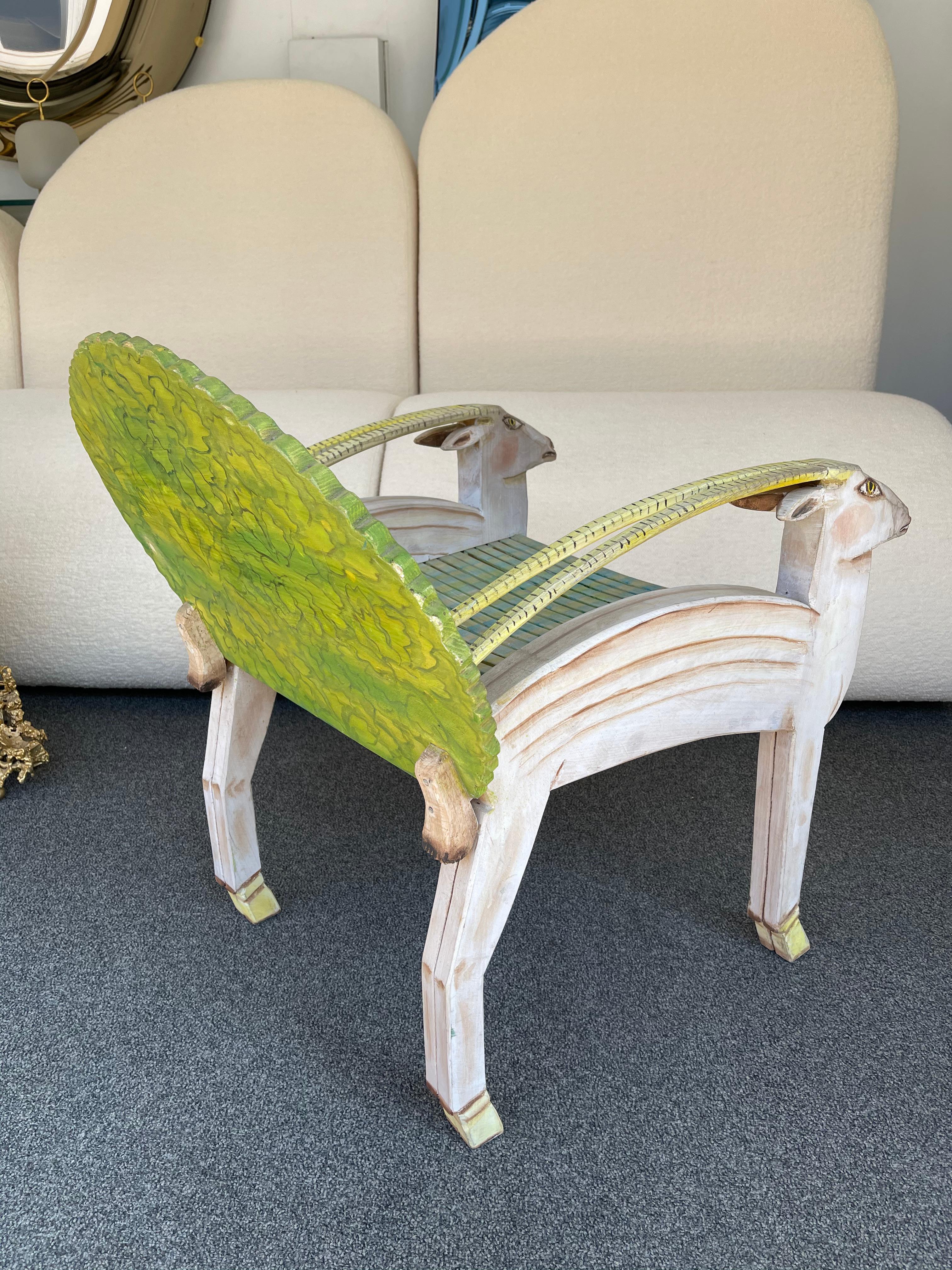 Late 20th Century Antelope Armchair Painted Wood by Gérard Rigot. France, 1980s