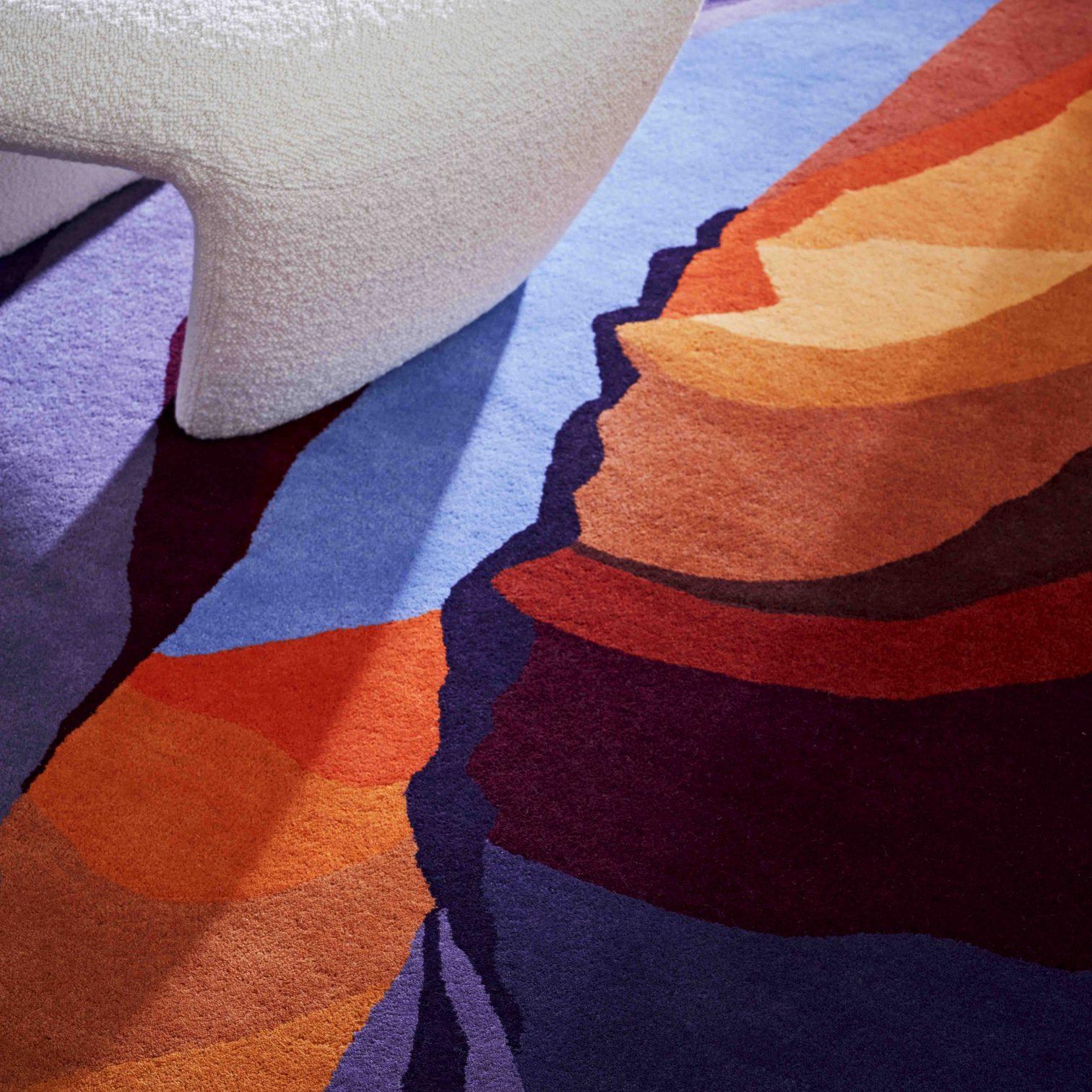 Modern Antelope Canyon Twilight Orange Purple Organic Rectangle Area Rug Standard Size For Sale