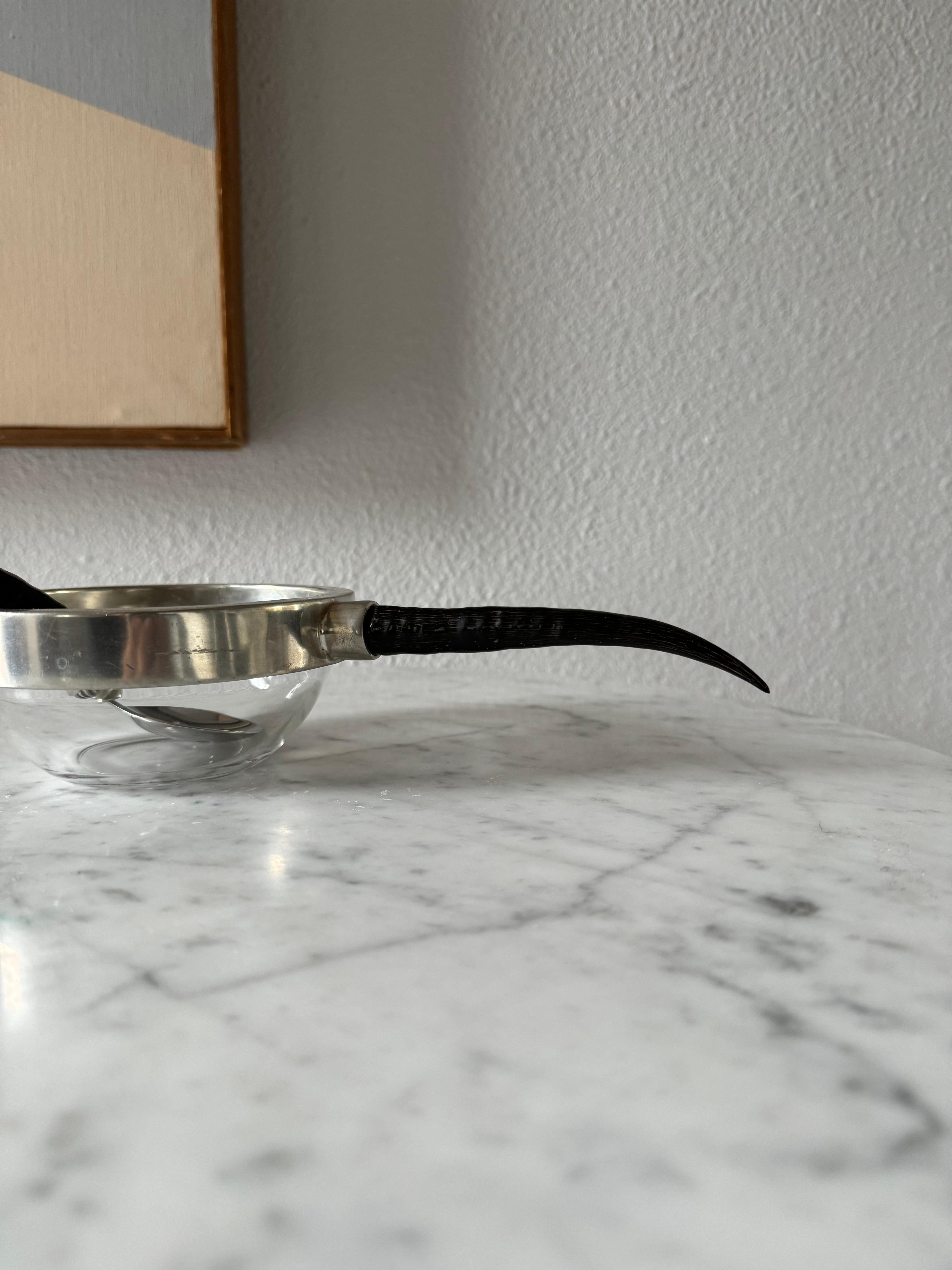 French Antelope Resin Horn & Pewter Olive Serving Dish And Spoon, France 1990’s For Sale