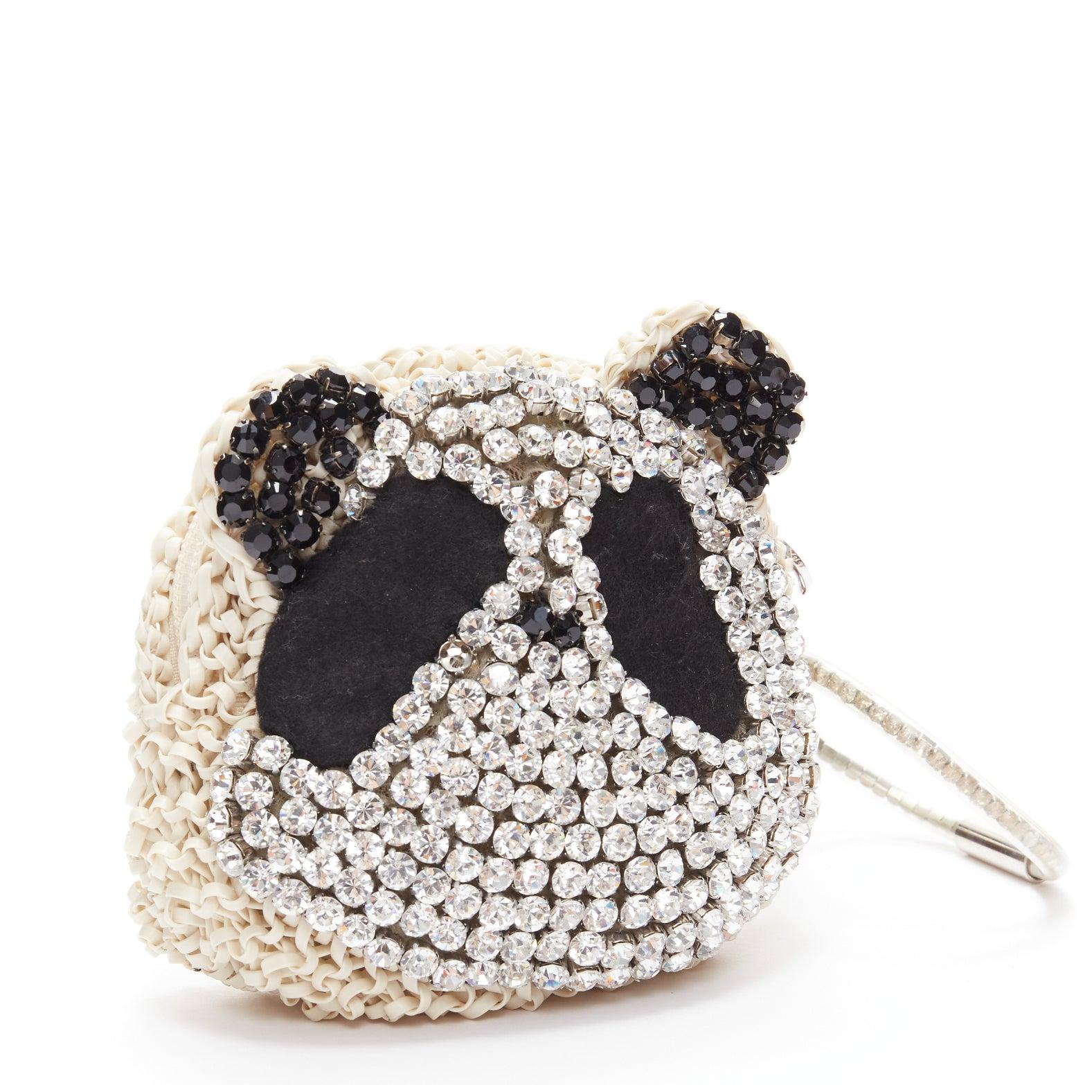Women's ANTEPRIMA Wire Bag cream woven PVC black crystal Panda wristlet clutch