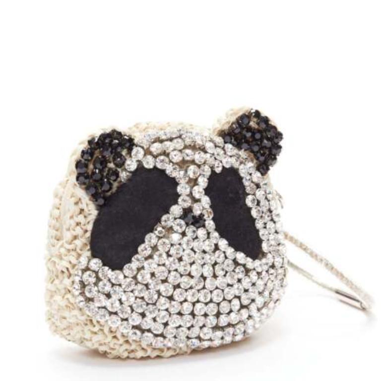 Black ANTEPRIMA Wire Bag cream woven PVC black crystal Panda wristlet clutch For Sale