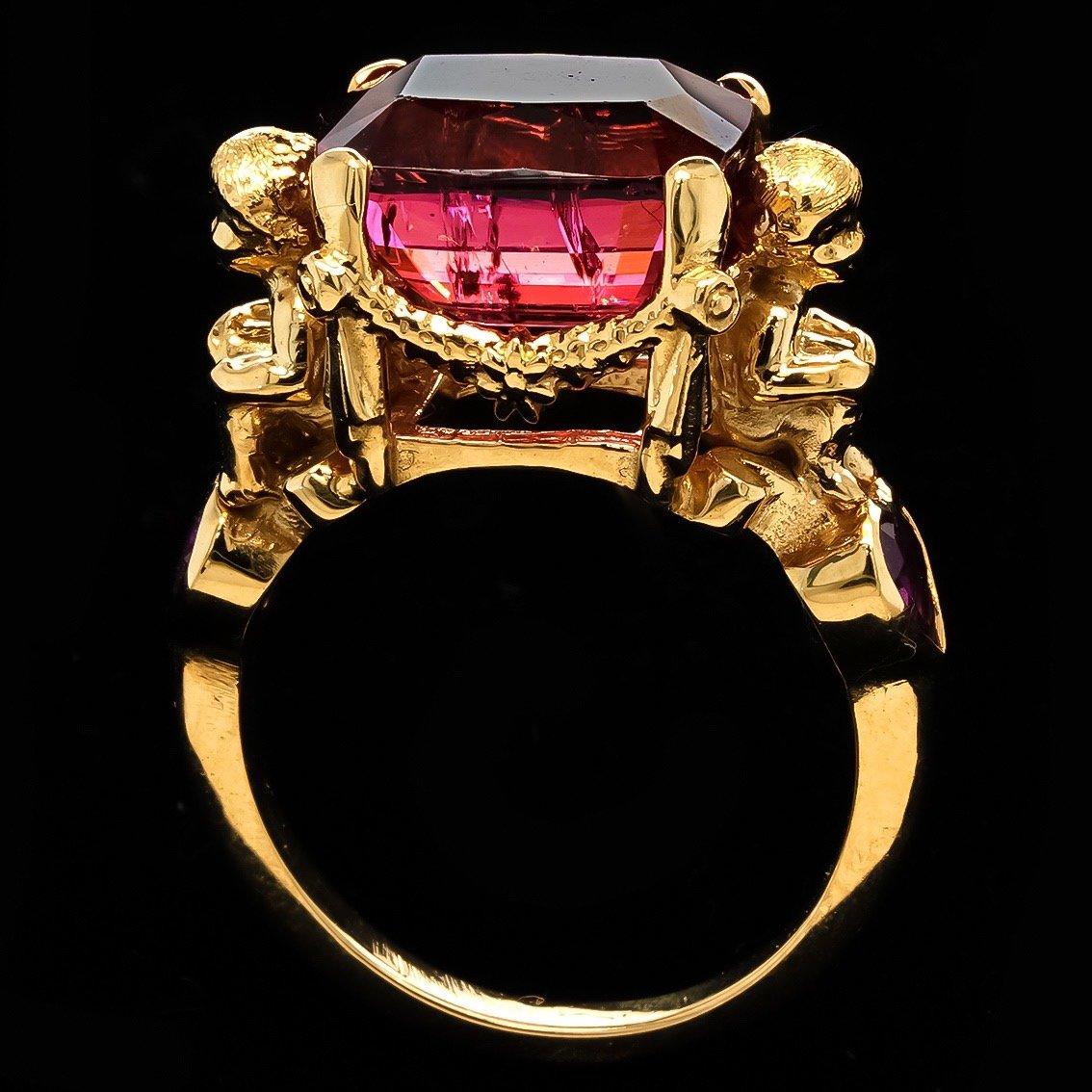 Rubellite Tourmaline and Pink Sapphires Gold Ring  For Sale 2