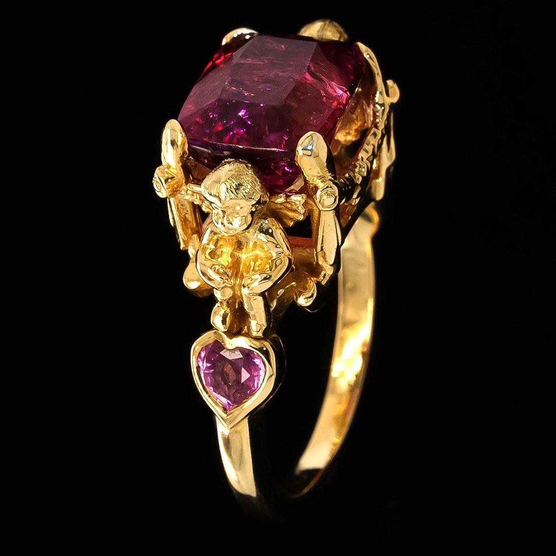 Rubellite Tourmaline and Pink Sapphires Gold Ring  For Sale 3