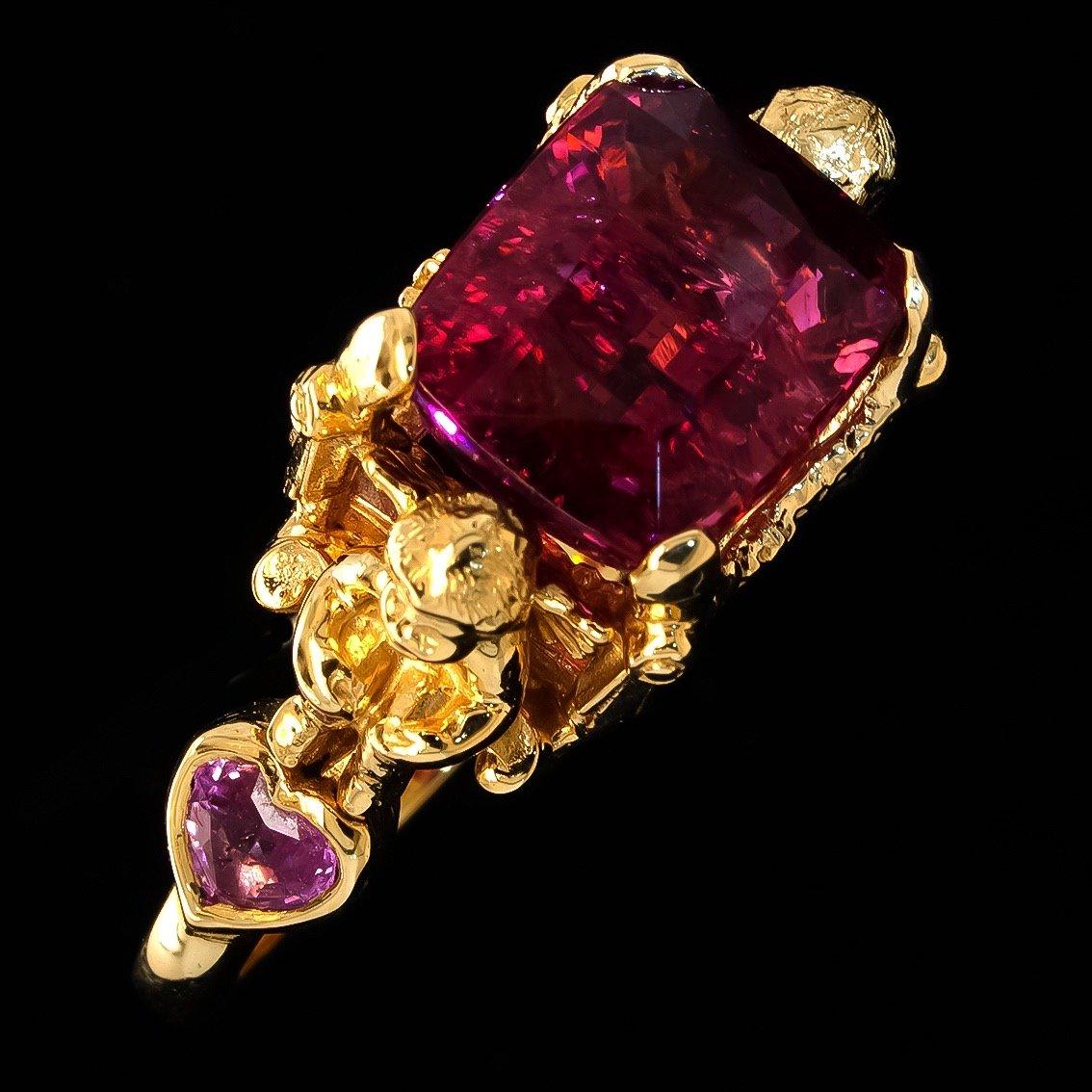Rubellite Tourmaline and Pink Sapphires Gold Ring  For Sale 7