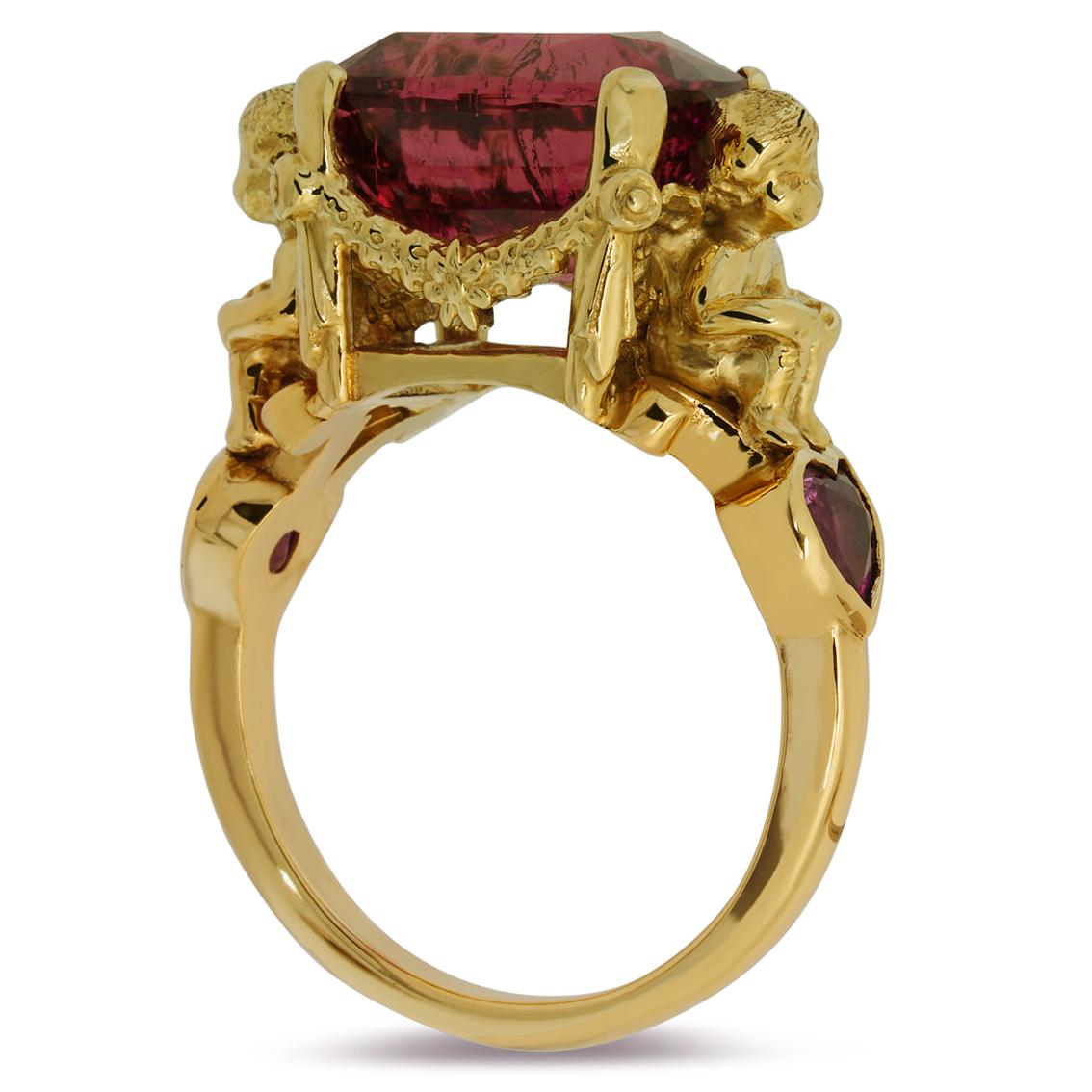 Renaissance Rubellite Tourmaline and Pink Sapphires Gold Ring  For Sale