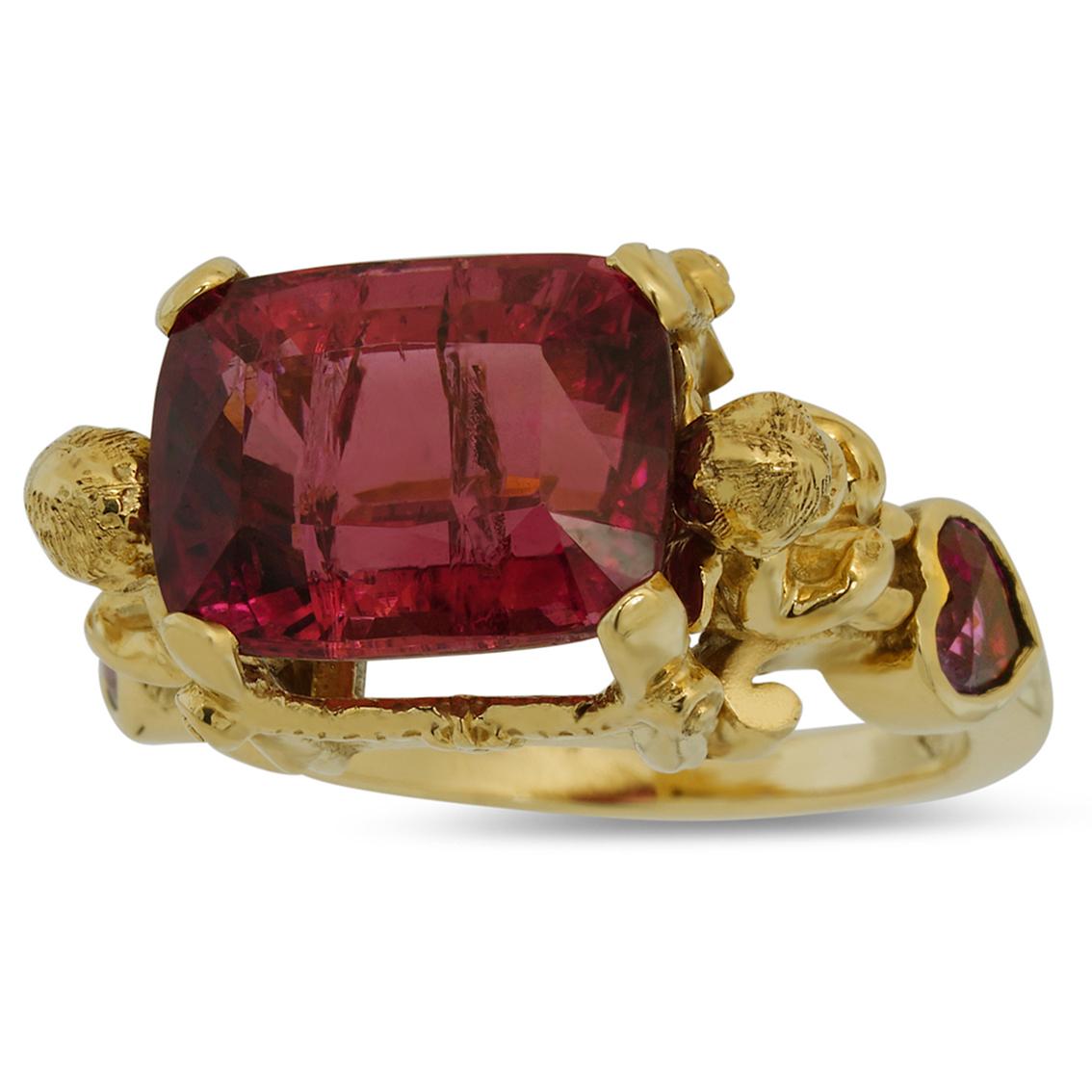 Cushion Cut Rubellite Tourmaline and Pink Sapphires Gold Ring  For Sale