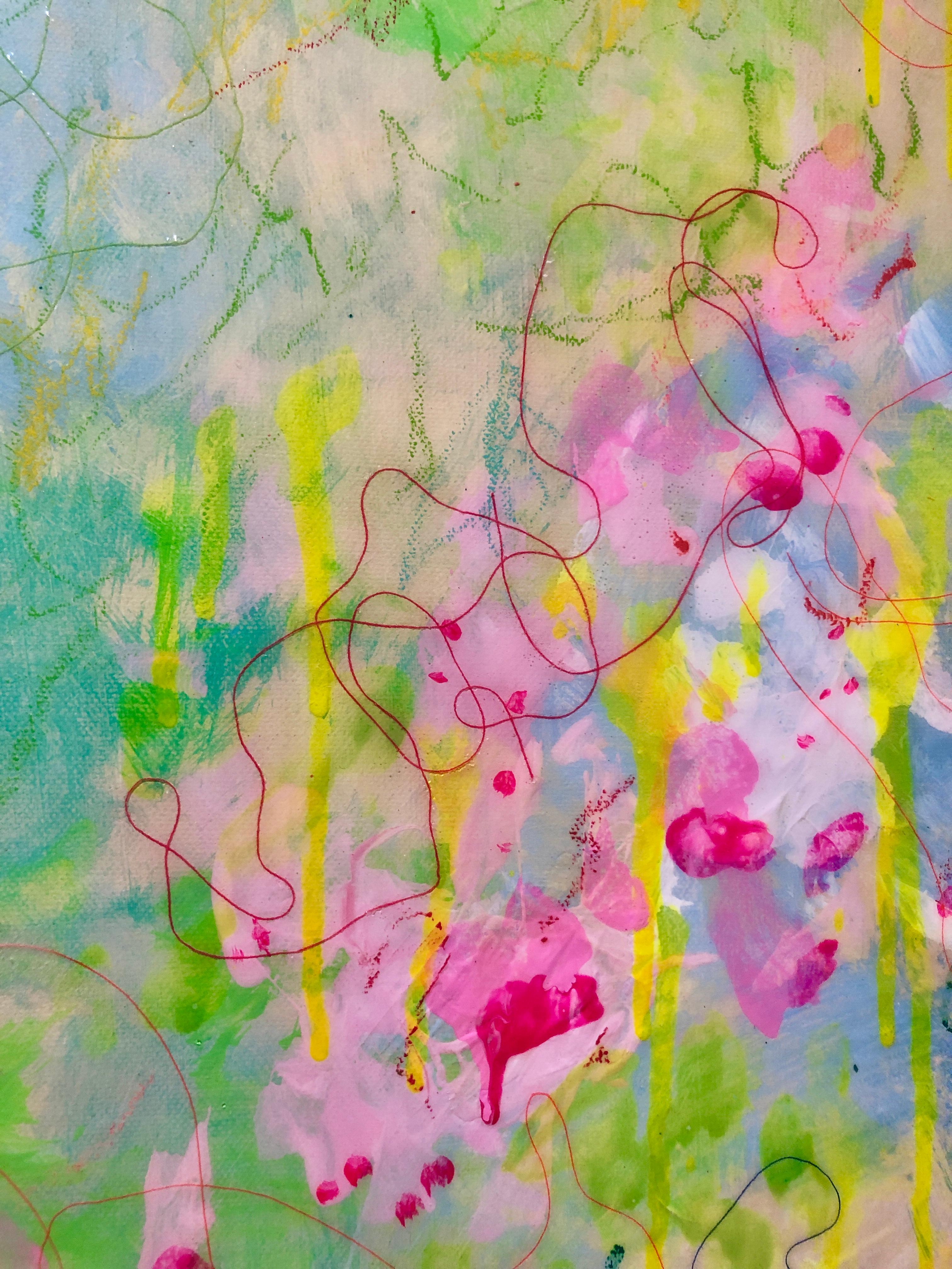 Lilies in Kyoto , 2023.  Colorful abstract acrylic, resin and thread painting - Painting by Anthea Kerou