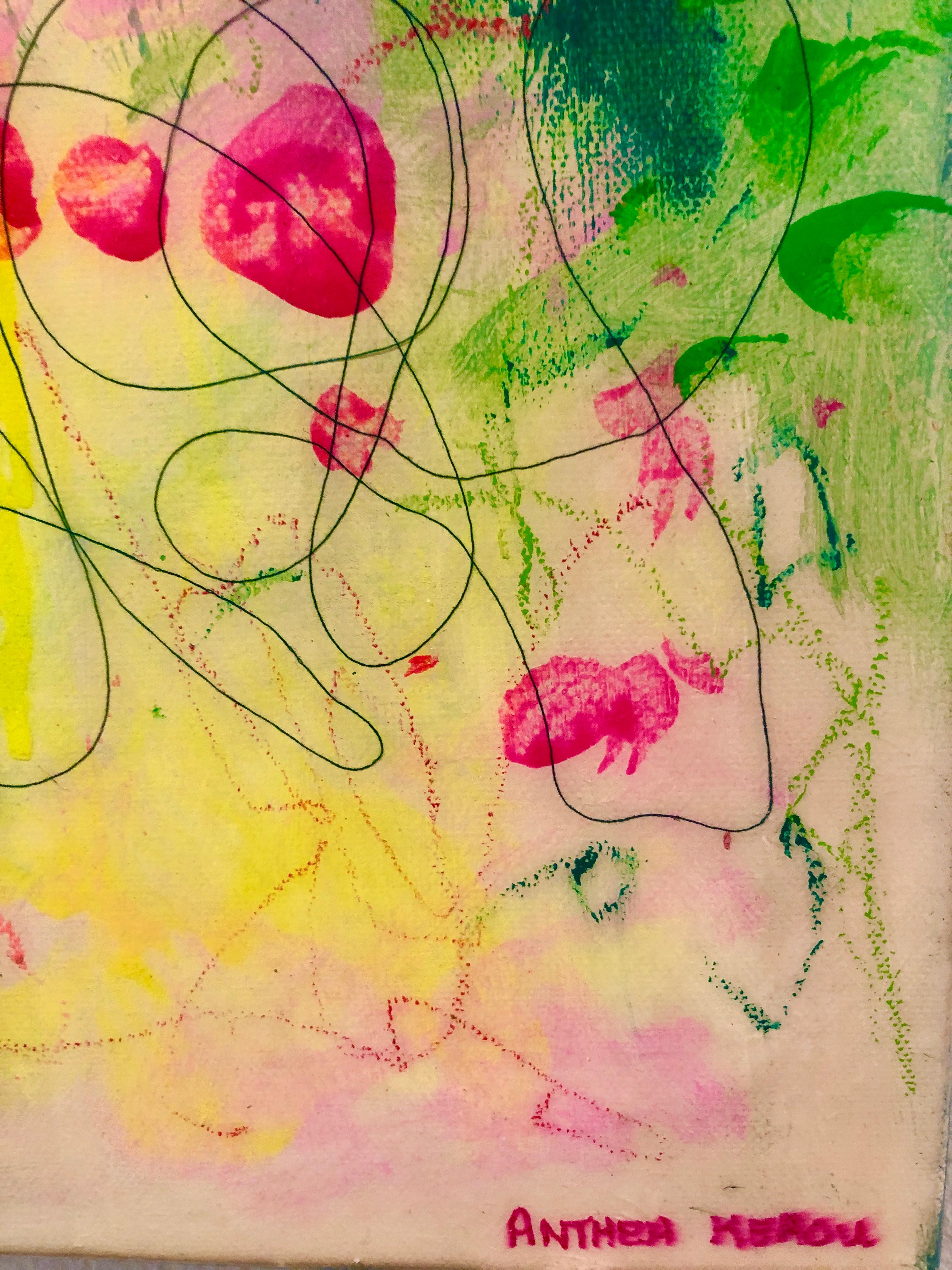 Lilies in Kyoto , 2023.  Colorful abstract acrylic, resin and thread painting - Abstract Painting by Anthea Kerou
