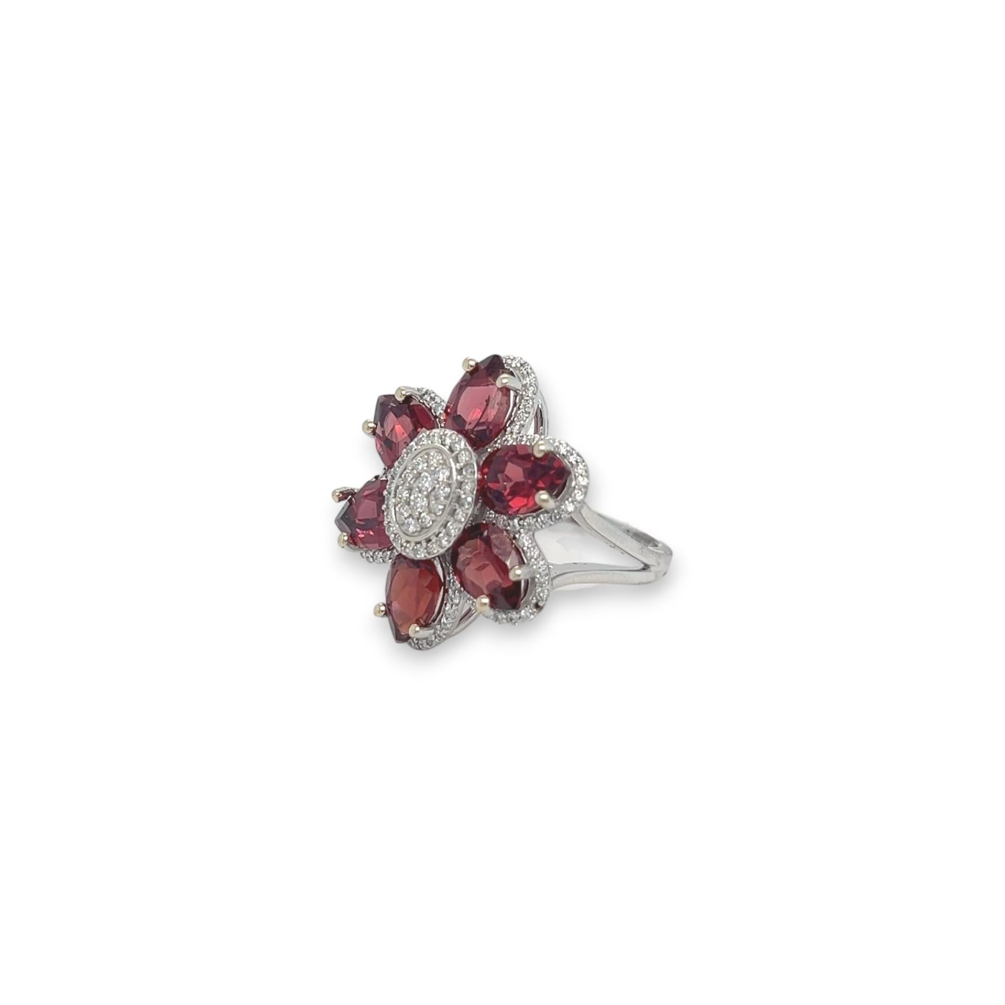 Pear Cut Anthill Garnet and Diamond Flower Ring For Sale