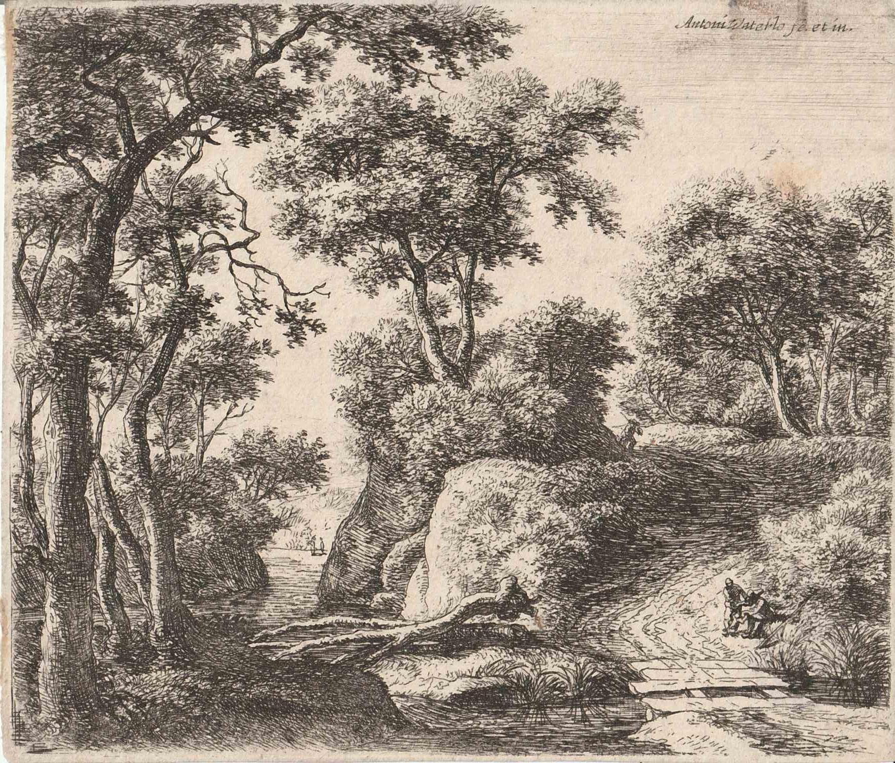 Anthonie Waterloo Landscape Print – Die Plankenbrücke - Landschap met een bruggetje van planken