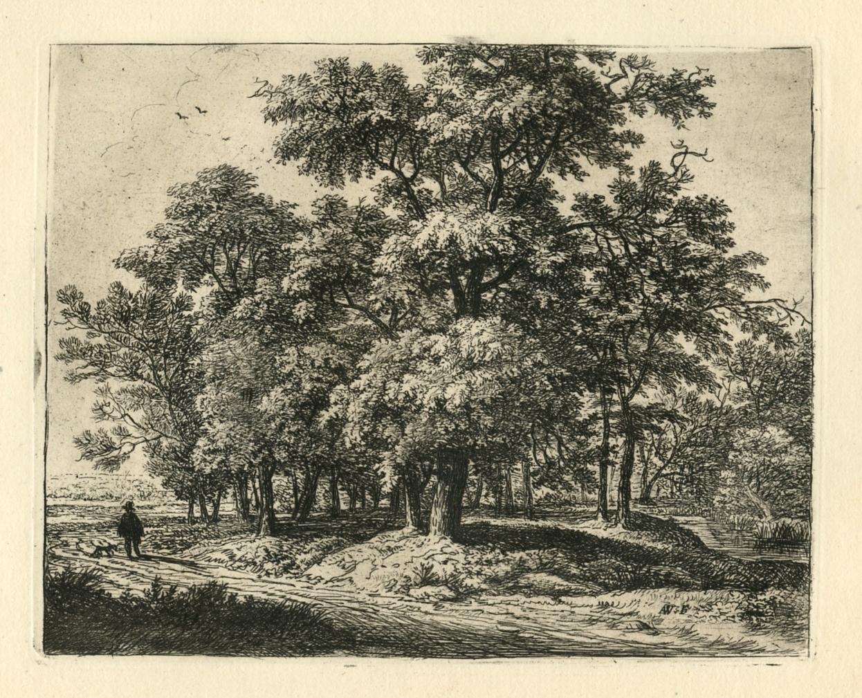 Landscape Print Anthonie Waterloo - « Traveller Near a Wood », gravure originale de voyageur