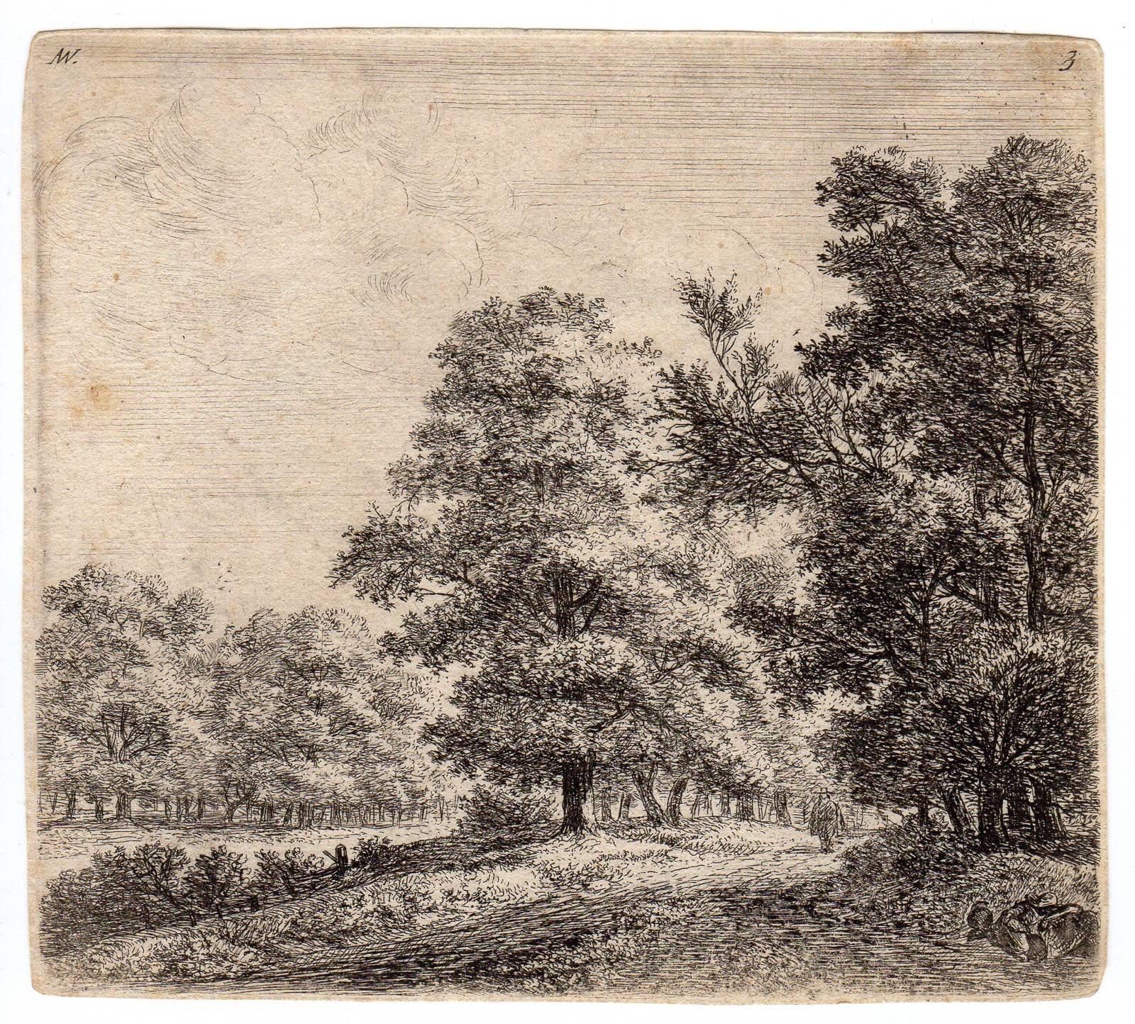 Anthonie Waterloo Landscape Print - Untitled - Landscape with a road between trees.