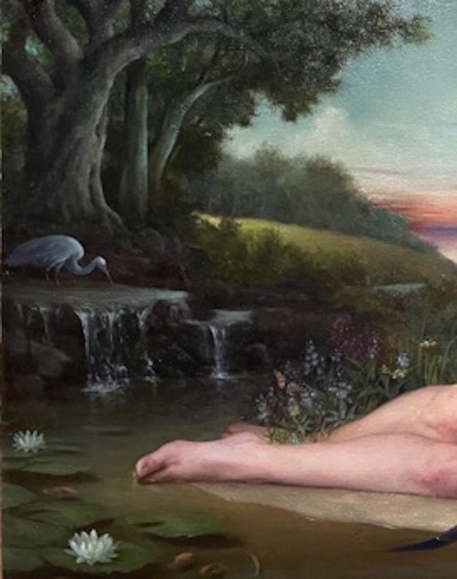 An oil painting of an Eve-like figure in the classical reclining pose with one toe dipped in a lily pond. Her arm is intertwined with an auburn snake as they make eye-contact with each other. A paradise landscape fills the background. 

Artist