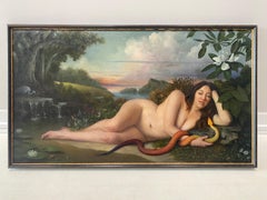 "Awakening" allegorical oil painting, Garden of Eden-esque nude in nature framed