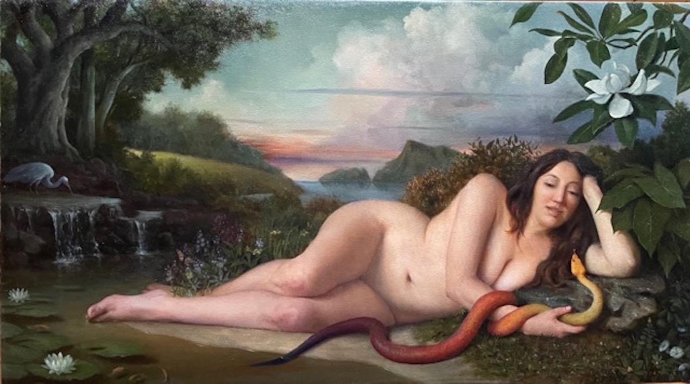 Anthony Ackrill Figurative Painting - "Awakening" allegorical oil painting, Garden of Eden-esque nude in nature framed