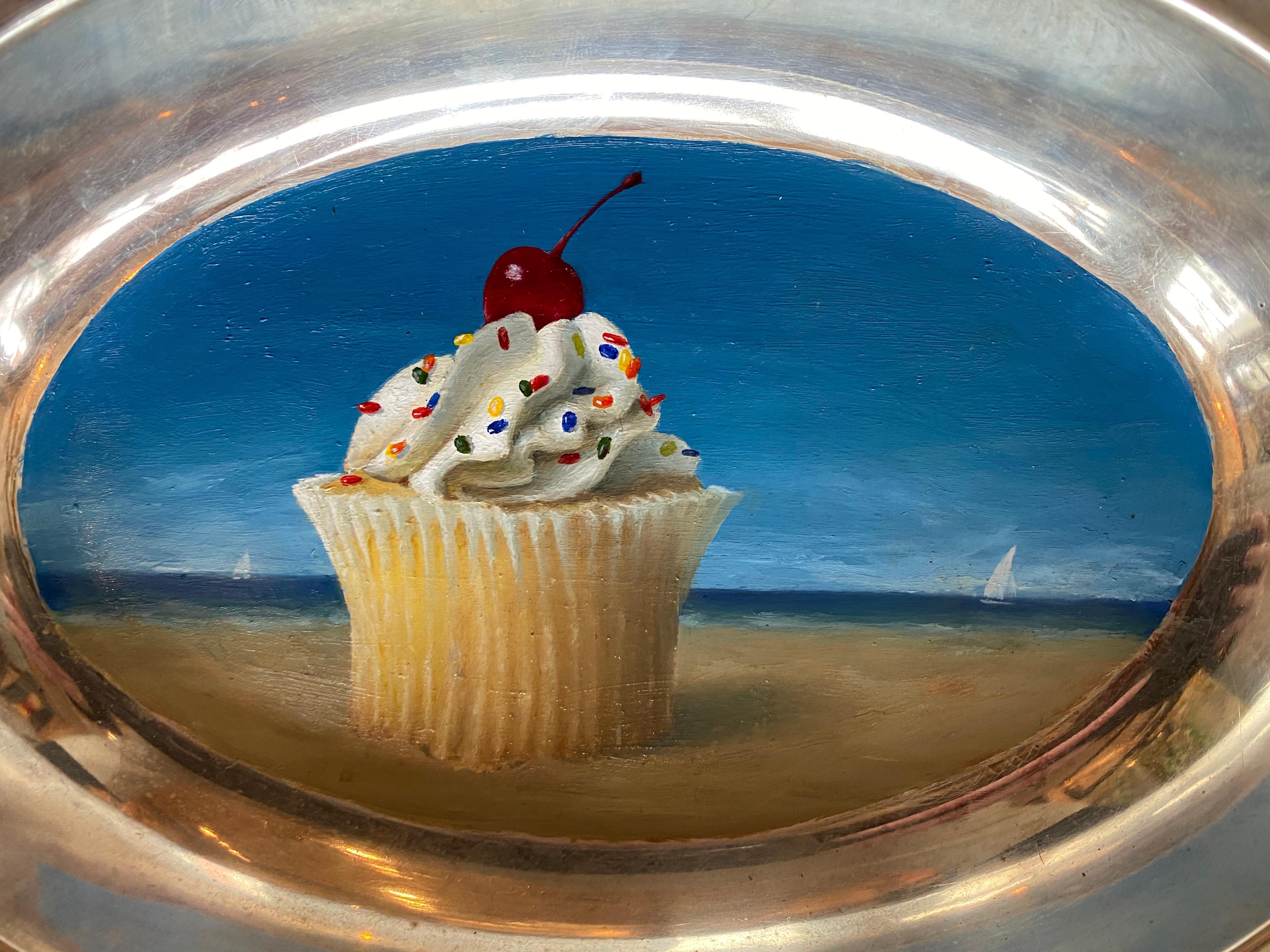 Cupcake By the Sea - unique oil painting on silver tray - Painting by Anthony Ackrill