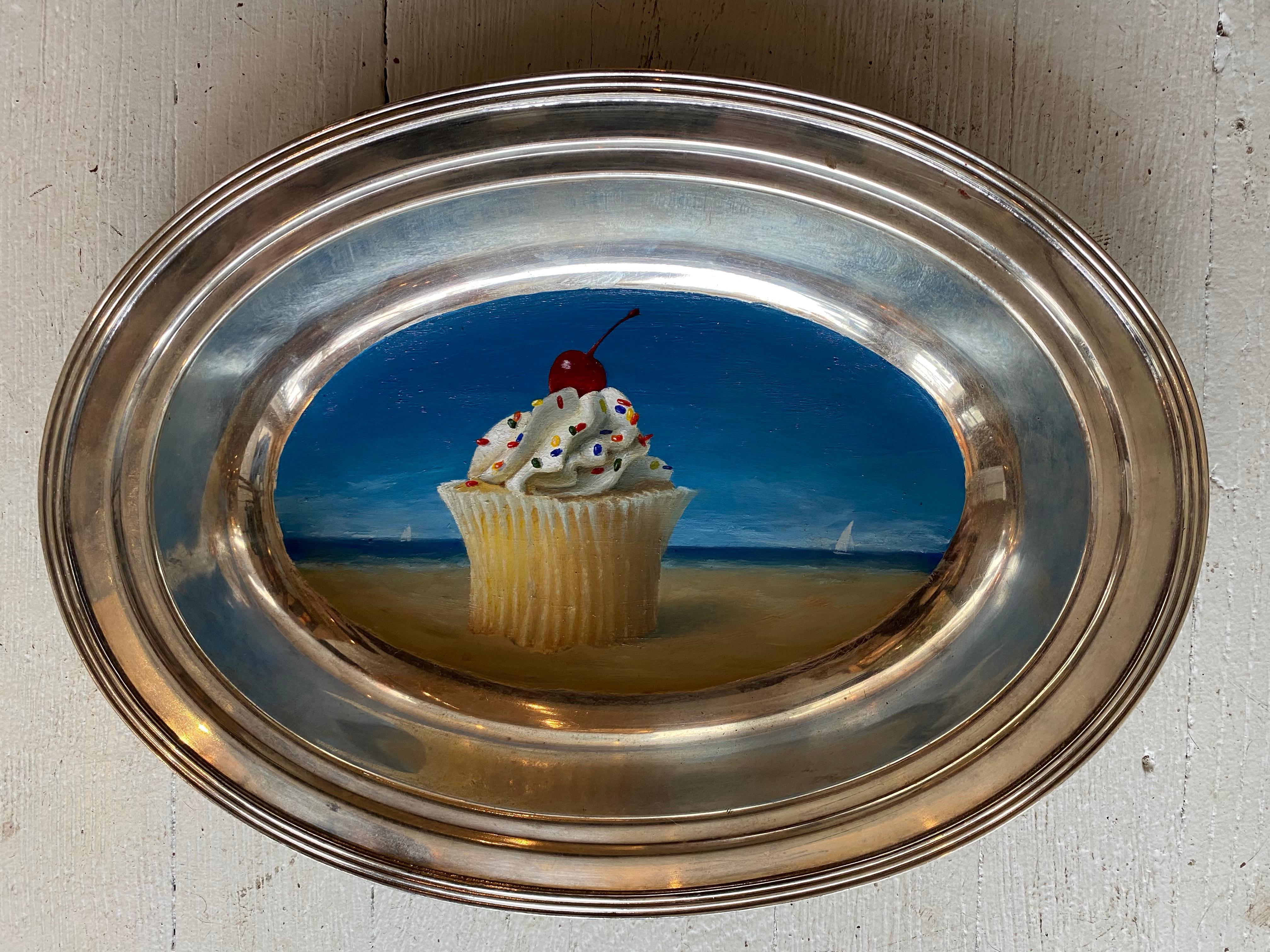 Cupcake By the Sea - unique oil painting on silver tray - Pop Art Painting by Anthony Ackrill