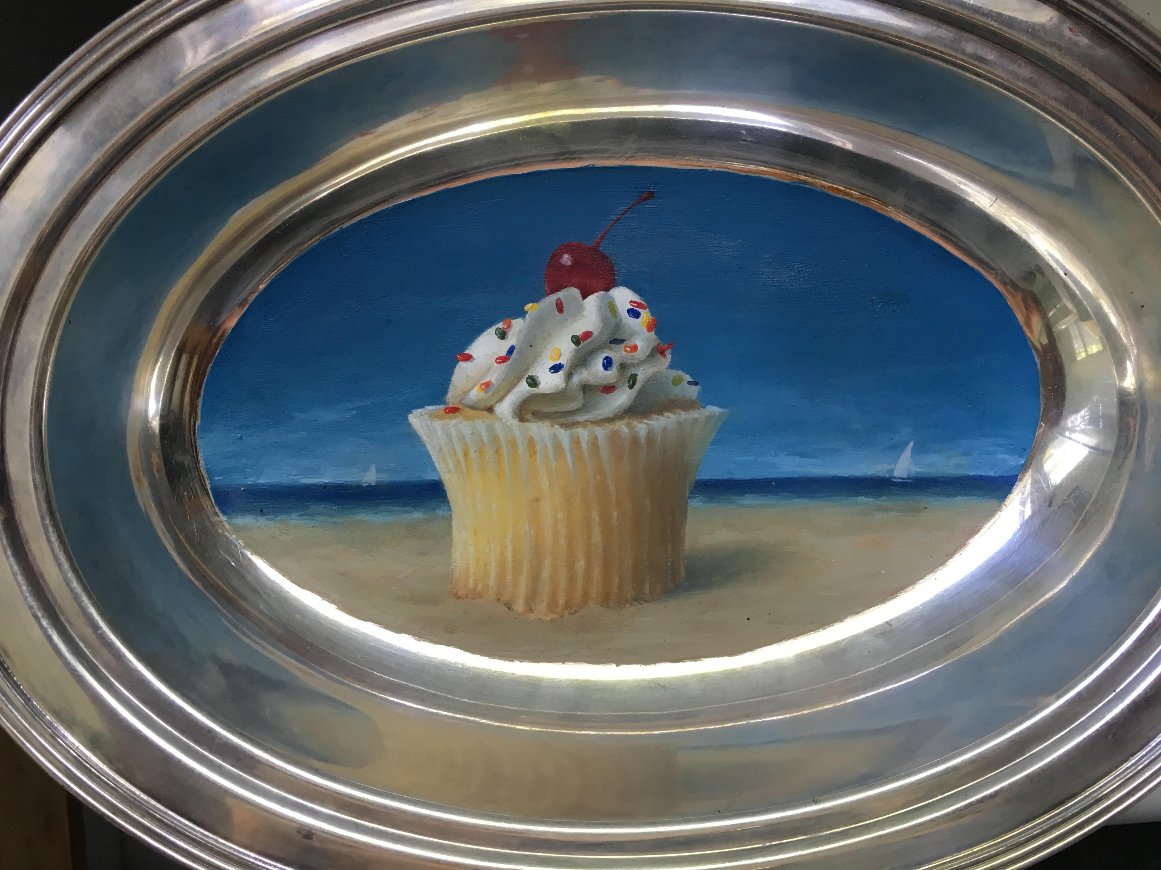 Cupcake By the Sea - unique oil painting on silver tray - Black Still-Life Painting by Anthony Ackrill