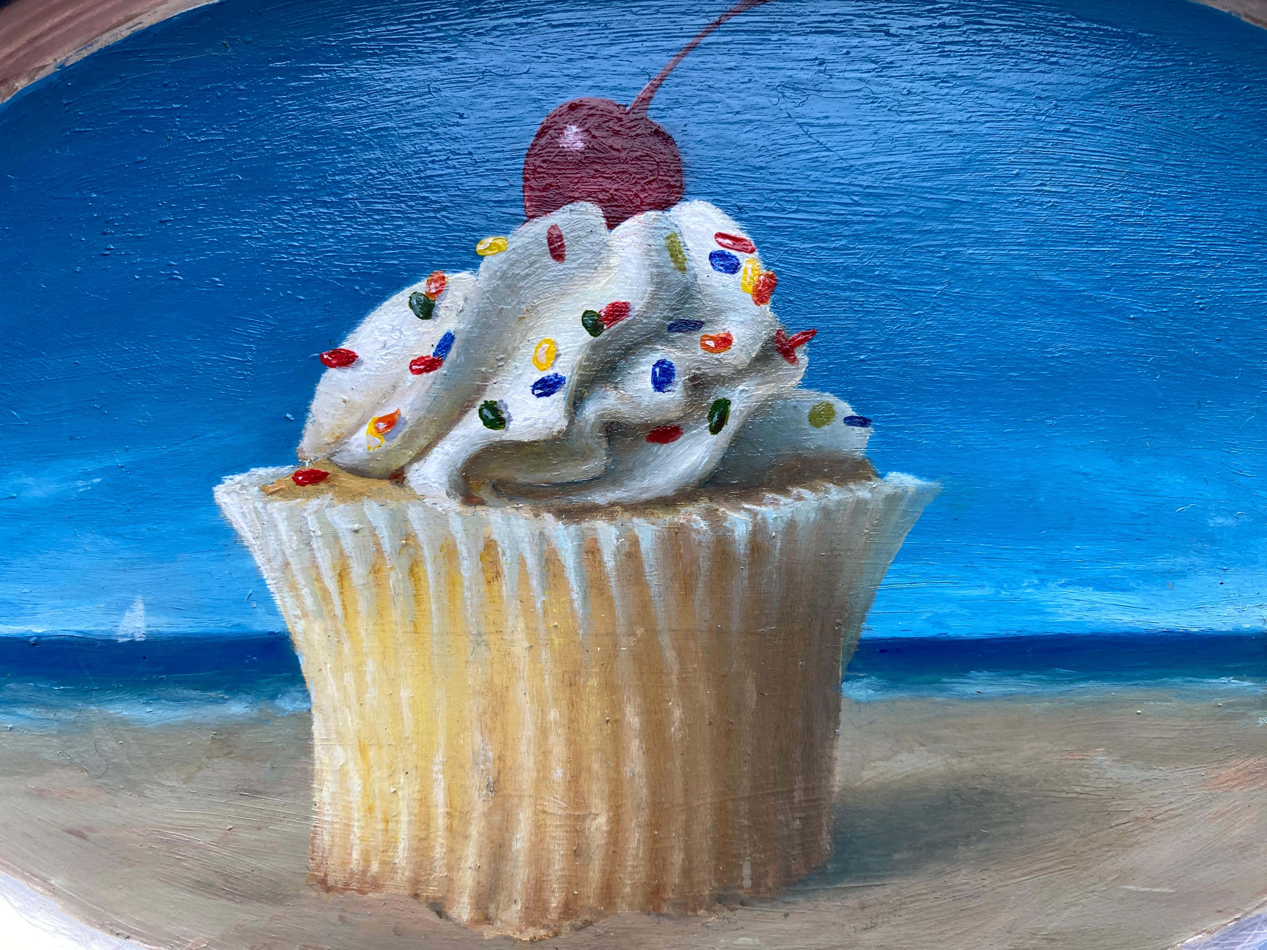 Cupcake By the Sea - unique oil painting on silver tray For Sale 1