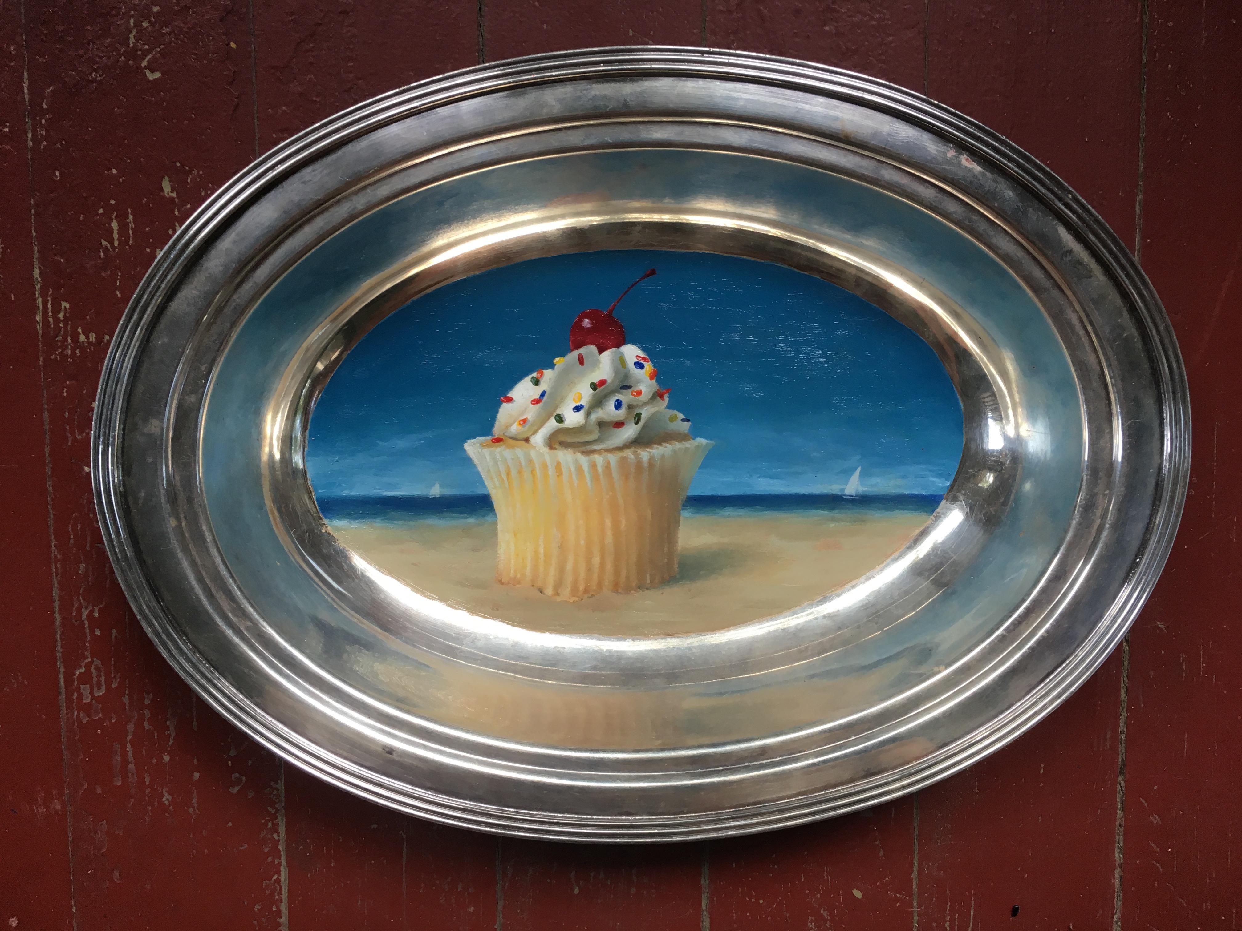 Anthony Ackrill Still-Life Painting - Cupcake By the Sea - unique oil painting on silver tray