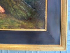 “Dreamers” oil painting, nude figures under fruit tree, sunset landscape, framed