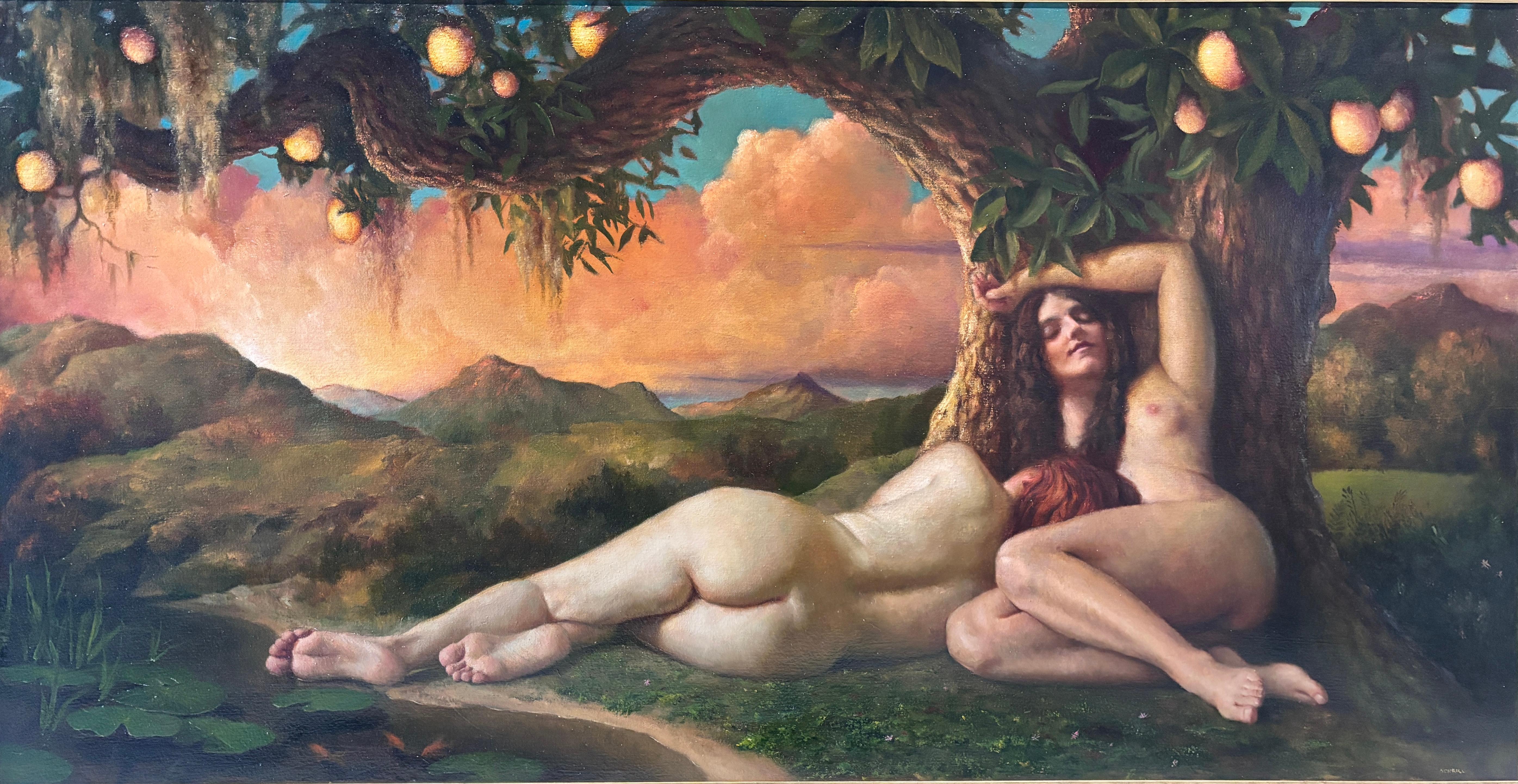 Anthony Ackrill Landscape Painting - “Dreamers” oil painting, nude figures under fruit tree, sunset landscape, framed