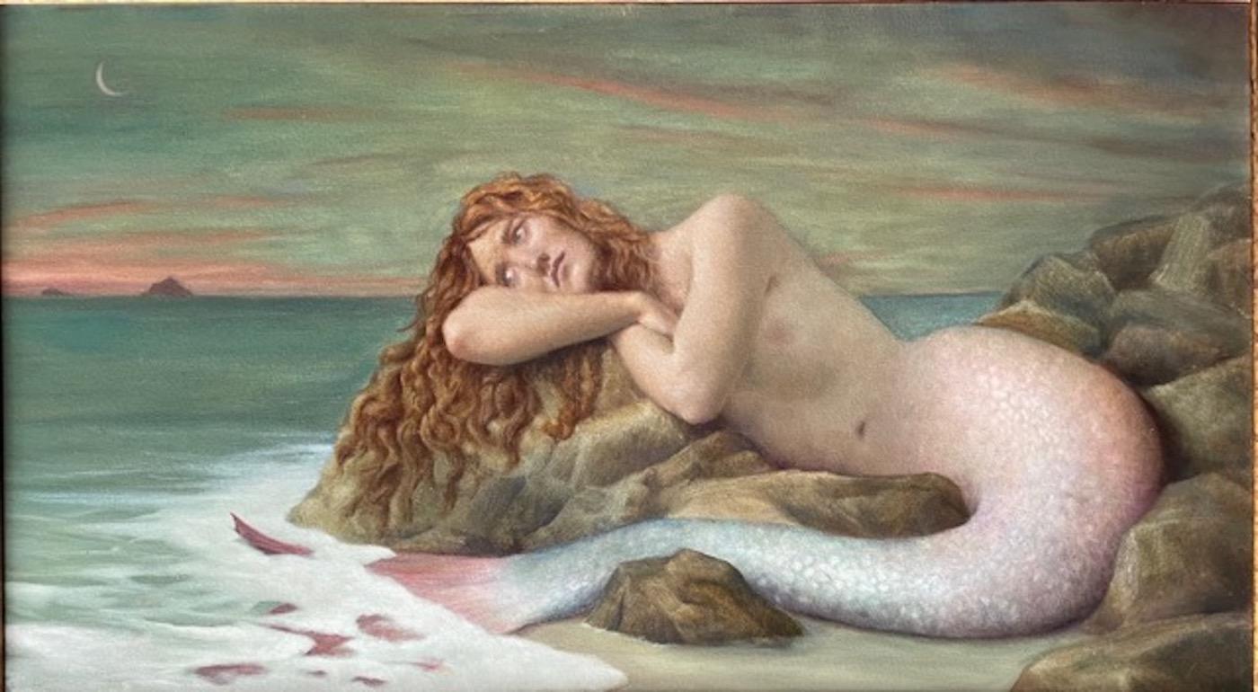 An oil painting of a mermaid resting on the beach. Her expression gives the composition an ominous air. Is a storm coming? Ackrill excels at toeing the line between surrealism and classicism.

Artist Bio
Anthony Ackrill was born in Alaska in 1958,