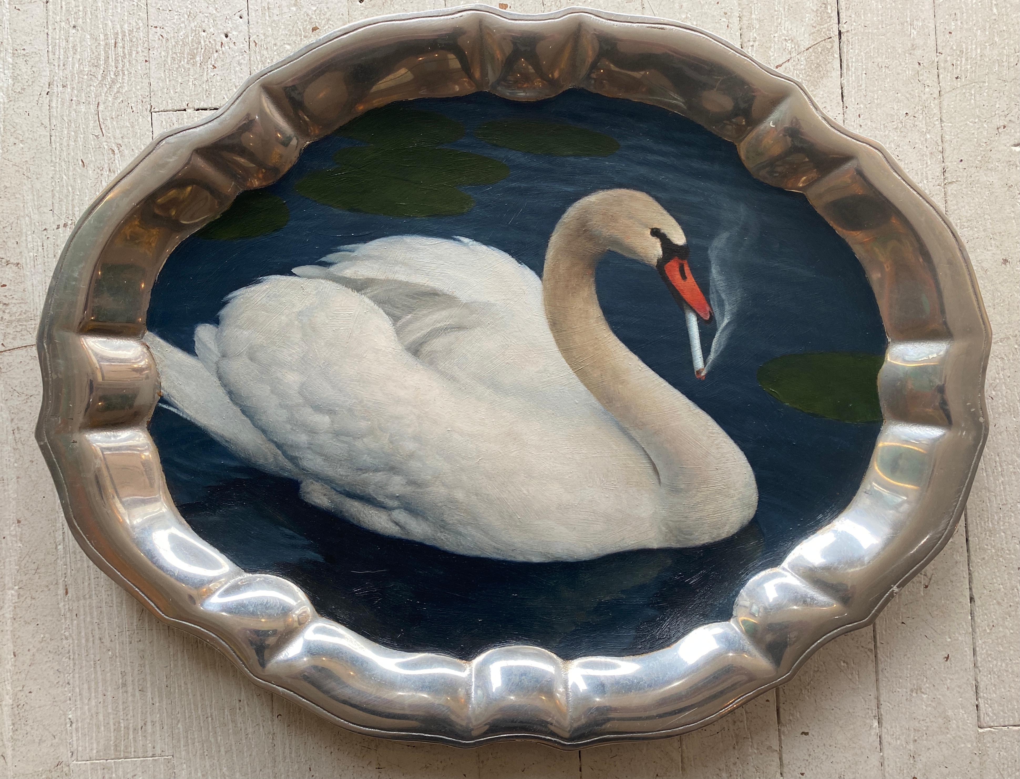 Anthony Ackrill Figurative Painting - "Relapse" - contemporary oil painting on found object, humorous swan smoking cig