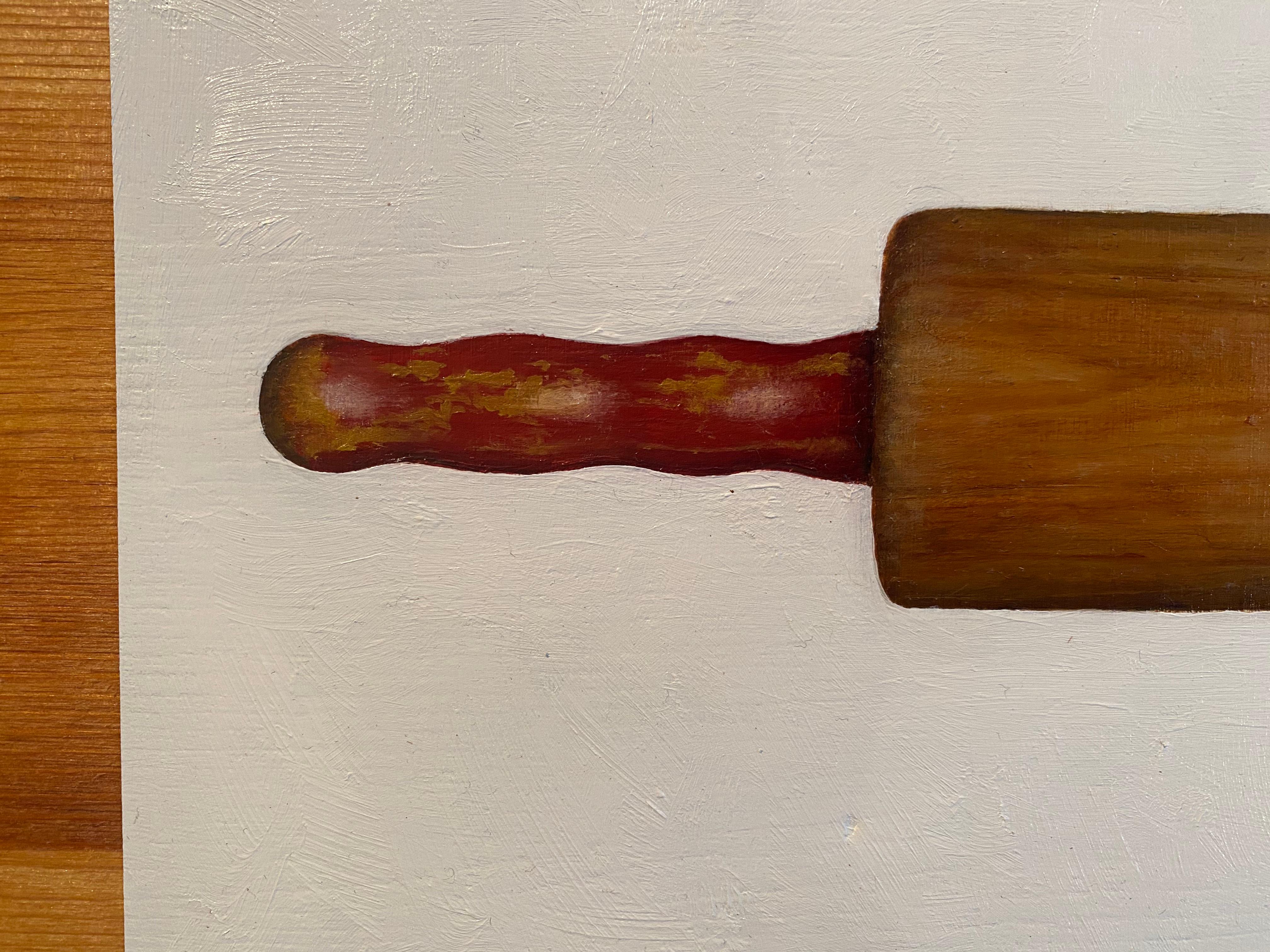 Oil painting of a wooden rolling pin on a wooden board. The wood plank on which 