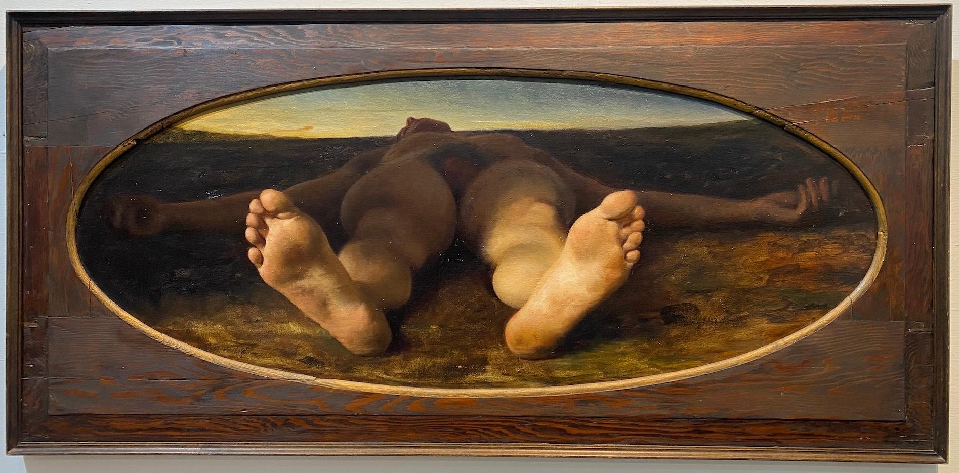 Nude Painting Anthony Ackrill - "Skylover" peinture à l'huile réaliste contemporaine de nu masculin en perspective.